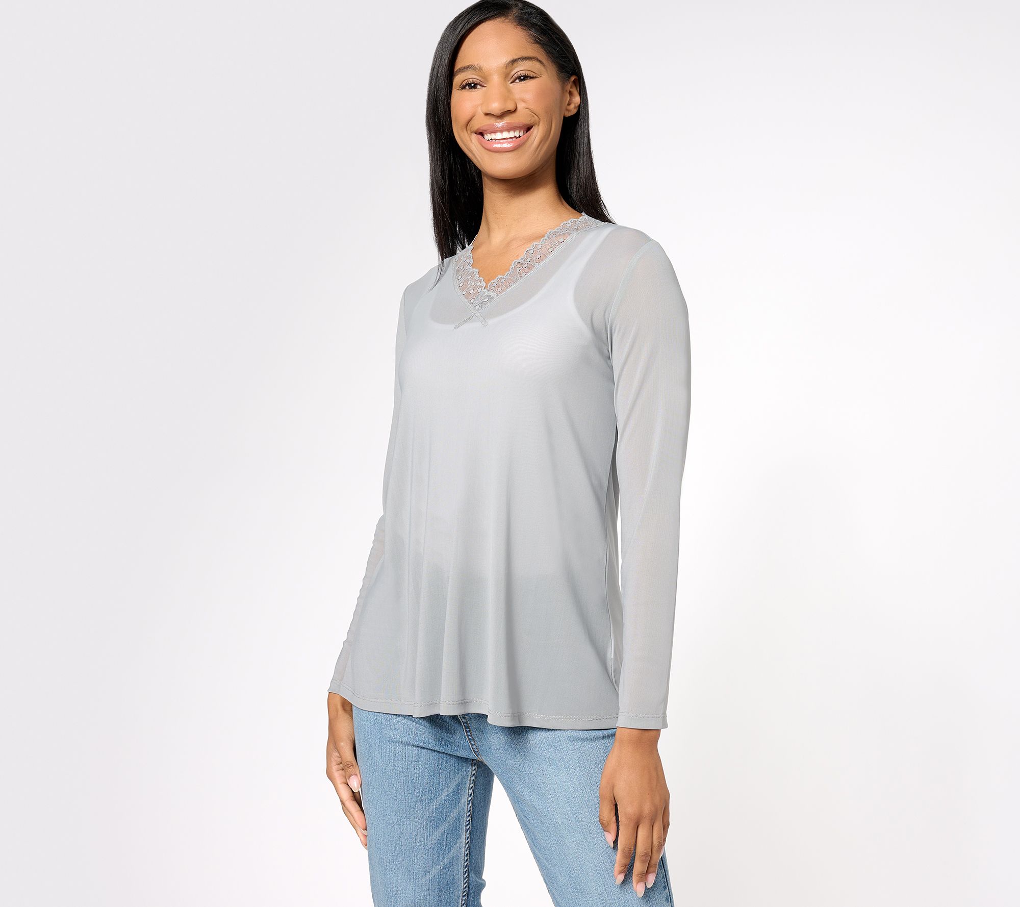 LOGO Layers by Lori Goldstein Sheer Mesh V-neck Top With Lace Trim