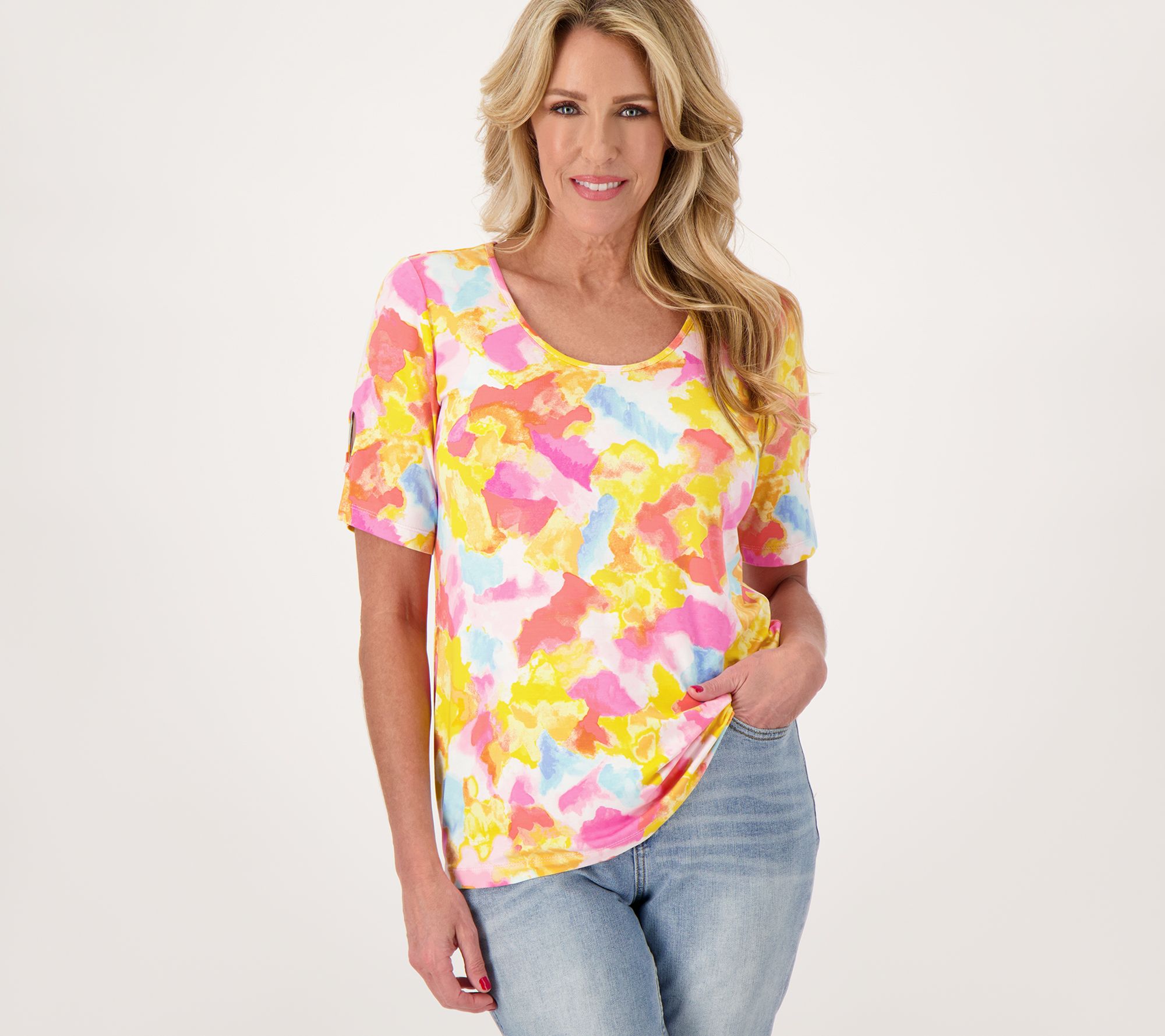 "As Is" Susan Graver Weekend Printed Cool Touch Elbow- Sleeve Top