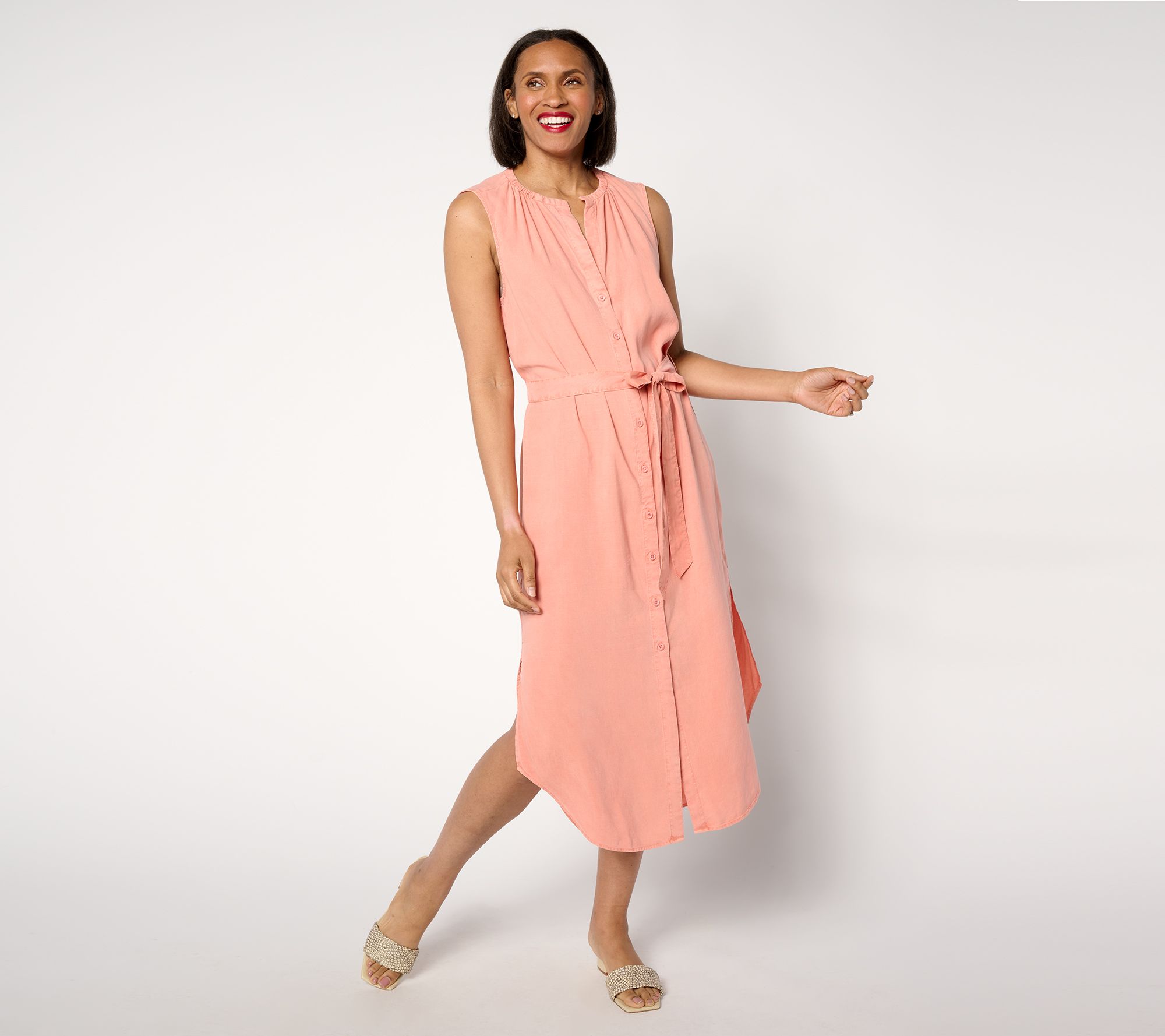 Side Stitch Sleeveless Tie Waist Shirt Dress