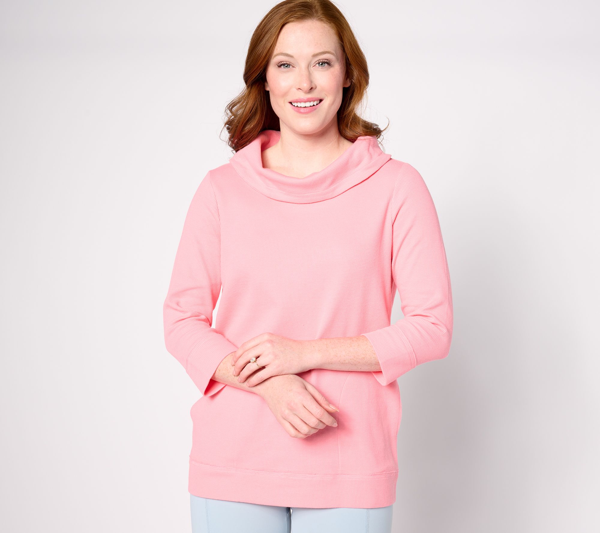 Denim & Co. Waffle Knit Cowl Neck 3/4-Sleeve Pullover - QVC.com