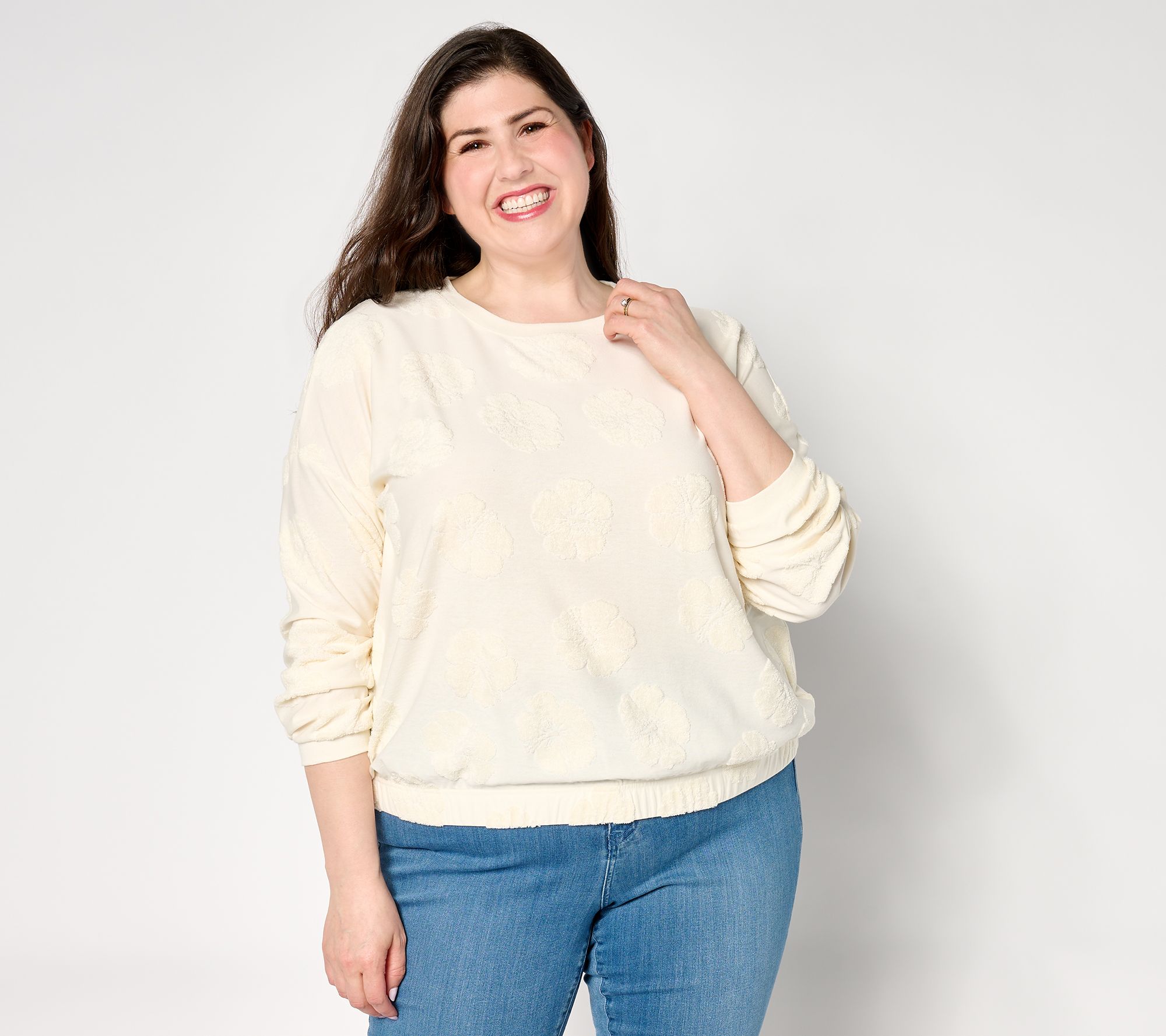 AnyBody Crew Neck Hibiscus Jaquard French Terry Top