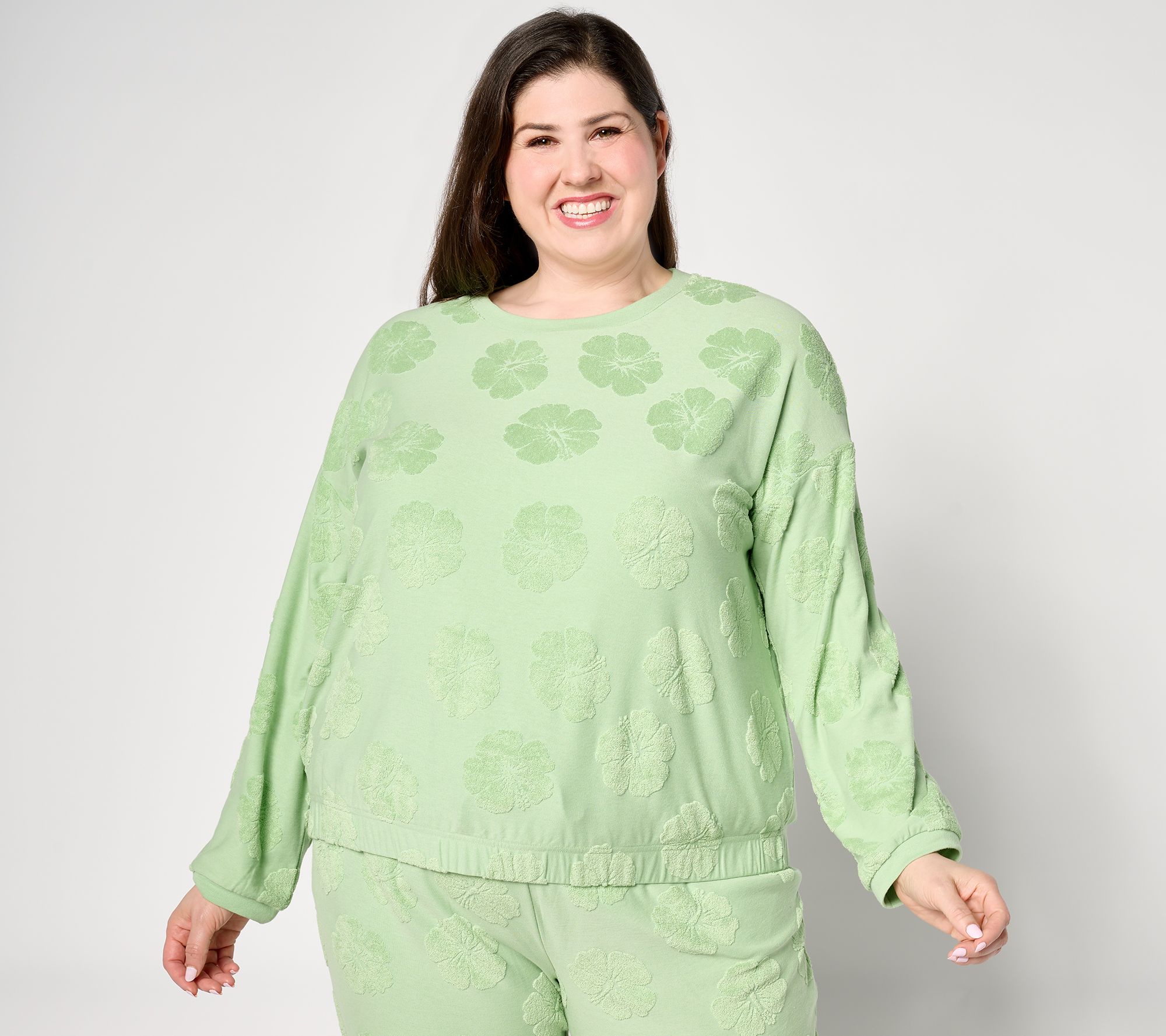 AnyBody Crew Neck Hibiscus Jaquard French Terry Top