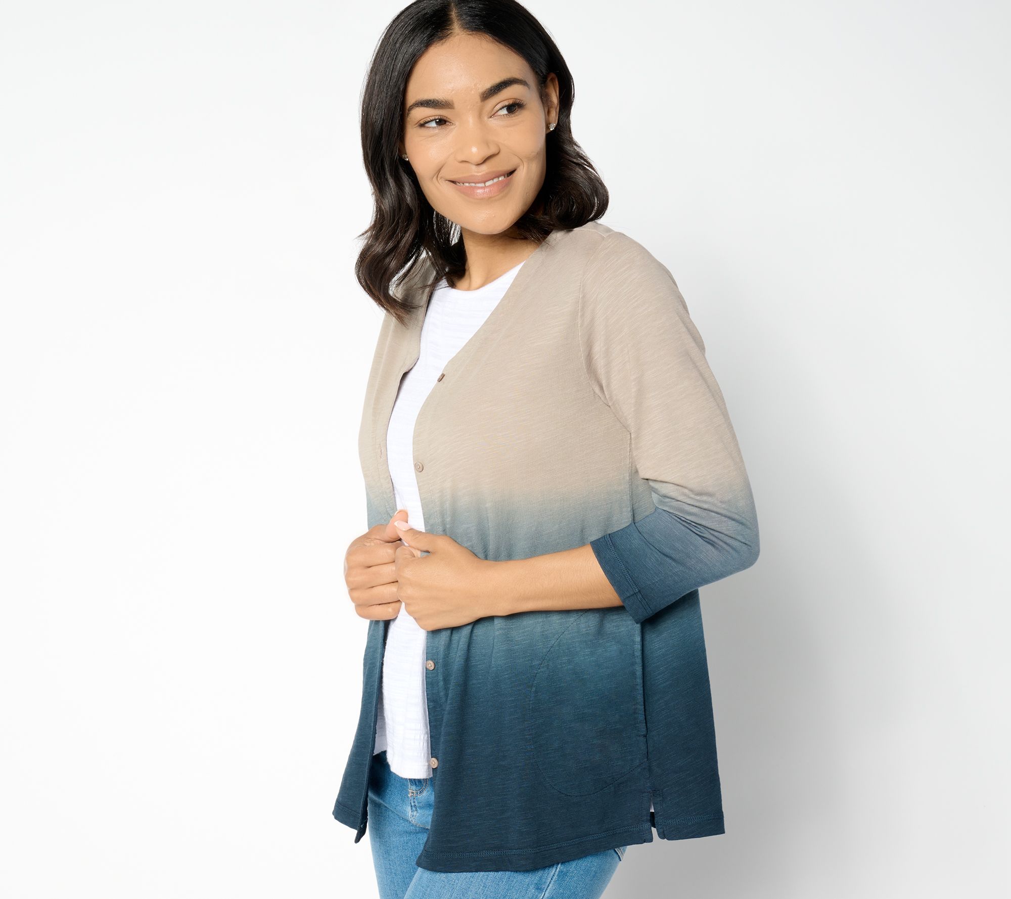 LOGO by Lori Goldstein Cotton Slub Dip Dye Cardigan