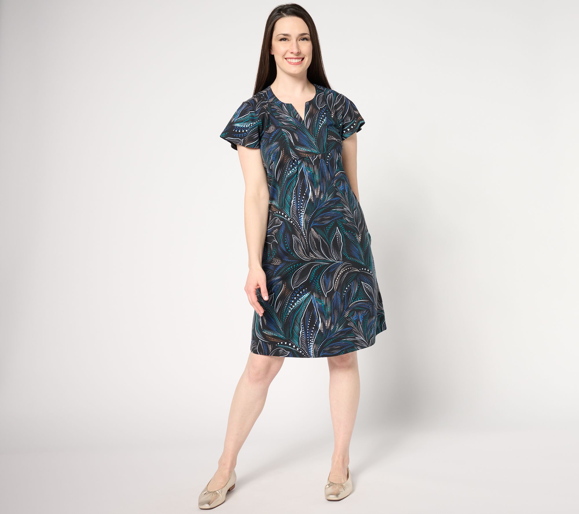 Denim & Co. Petite Printed Favorite Jersey Flutter Sleeve Dress