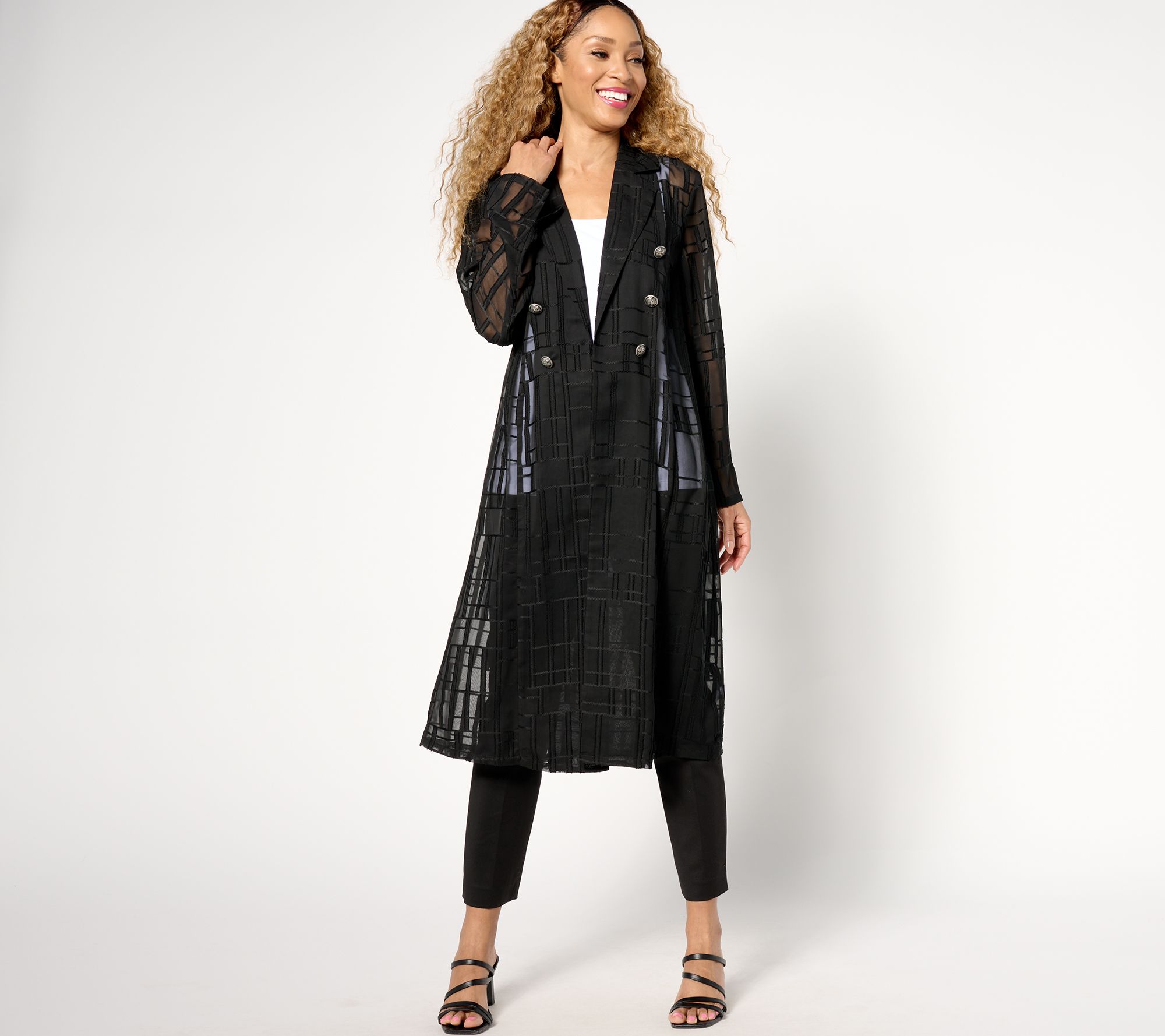 "As Is" Dennis Basso Regular Sheer Geometric Double Breasted Topper