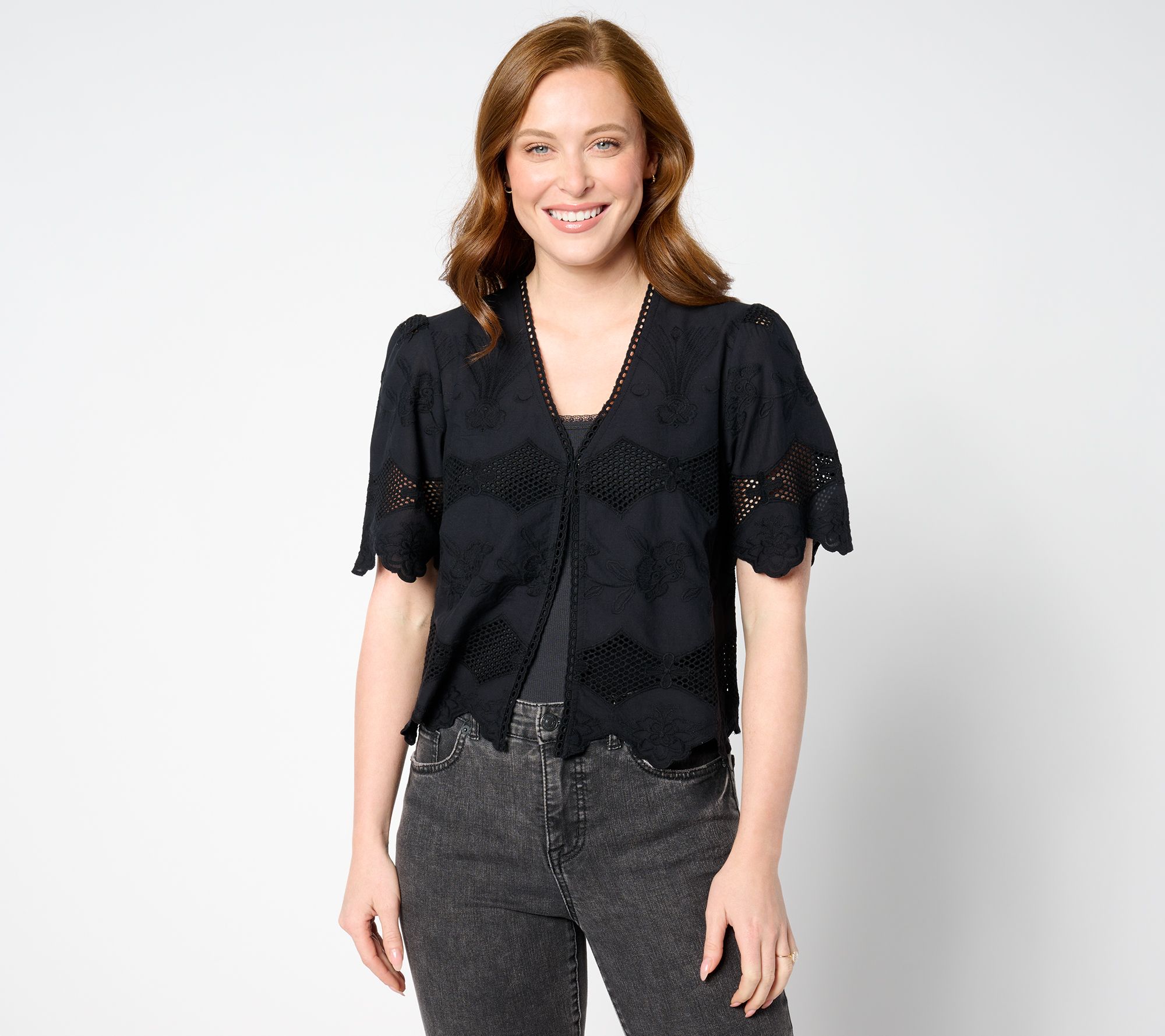 "As Is" LOGO Lavish by Lori Goldstein Eyelet Lace Cropped Jacket