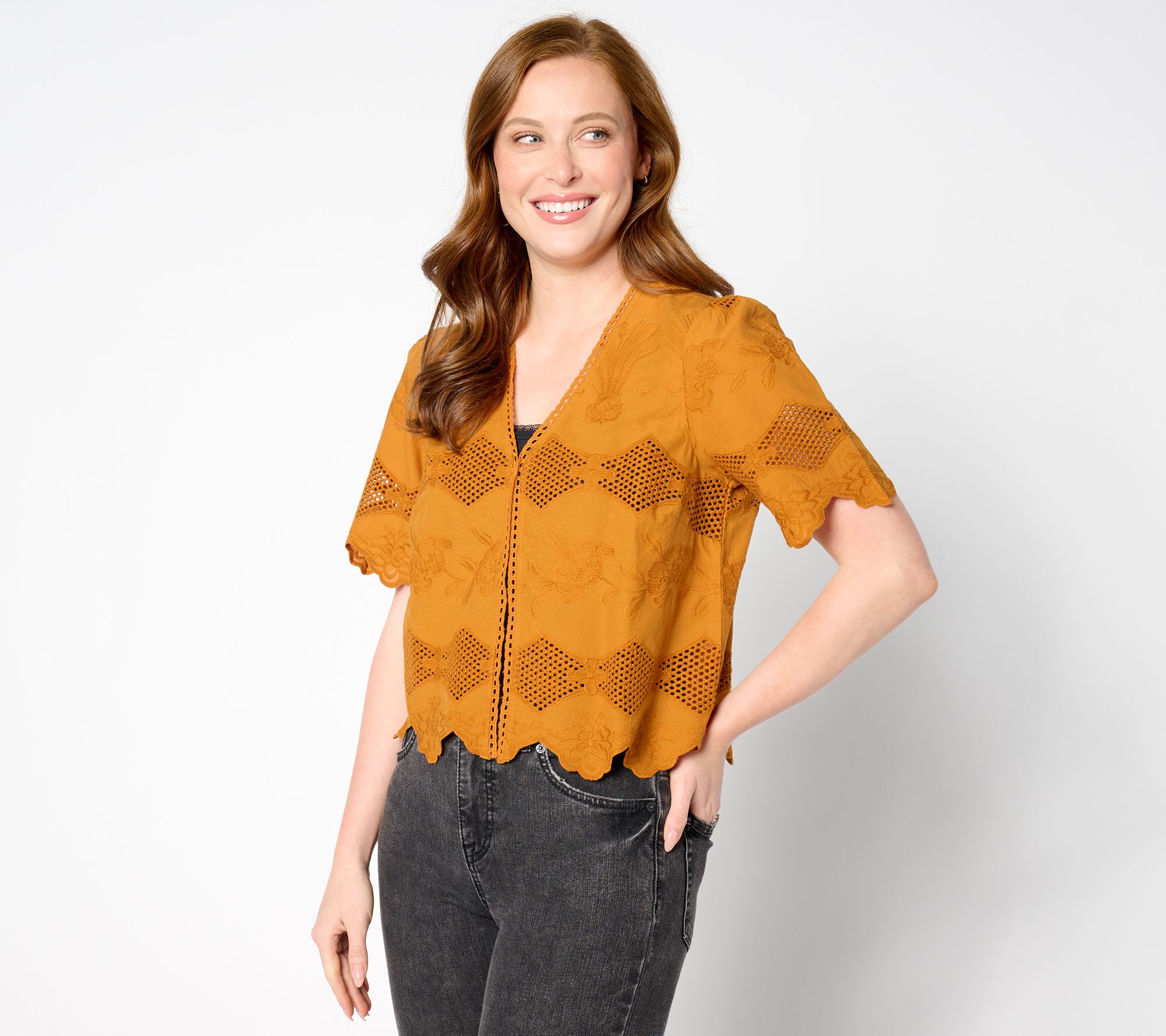 "As Is" LOGO Lavish by Lori Goldstein Eyelet Lace Cropped Jacket