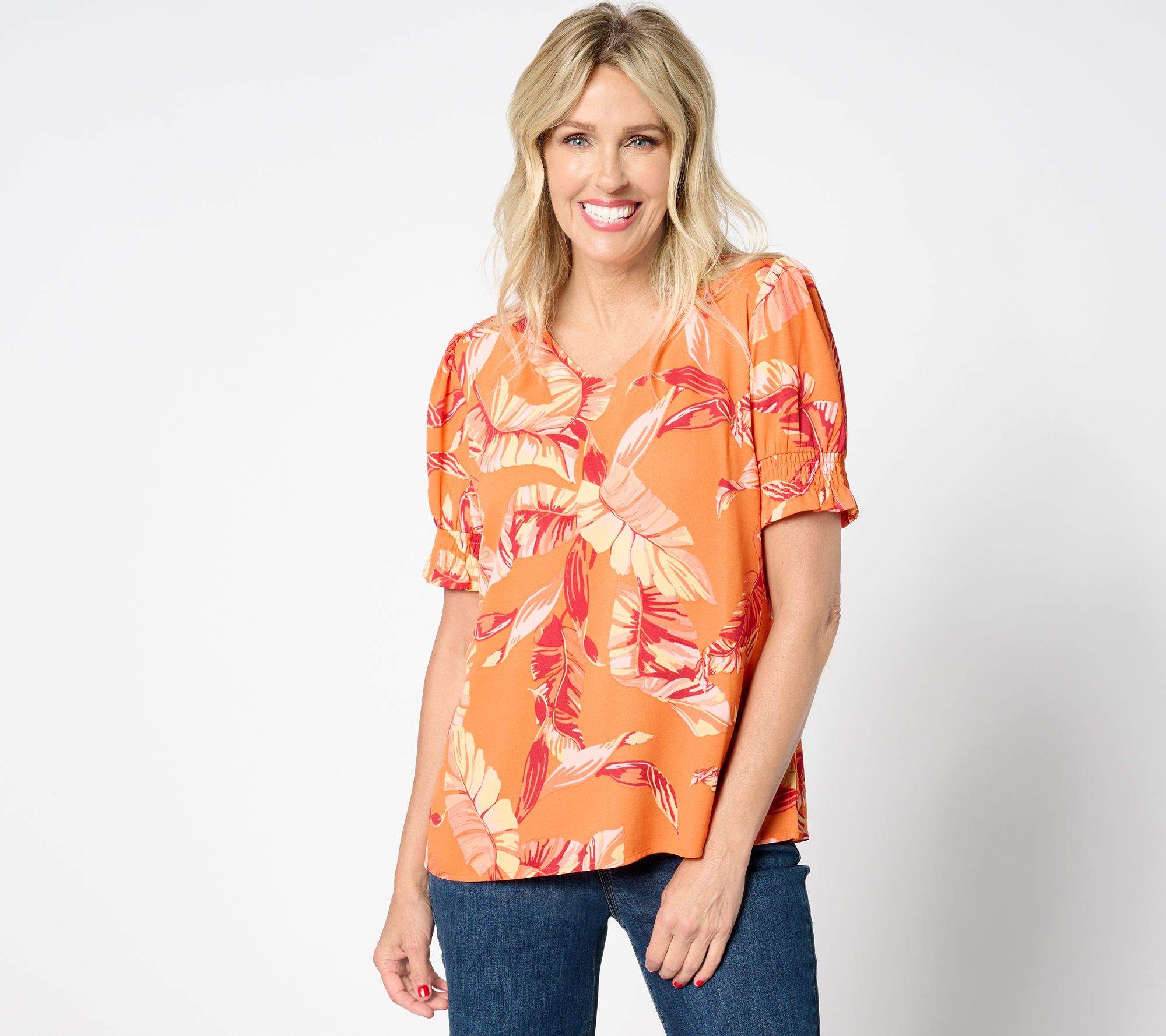 "As Is" Belle by Kim Gravel Golden Palm Smocked Elbow Sleeve Blouse