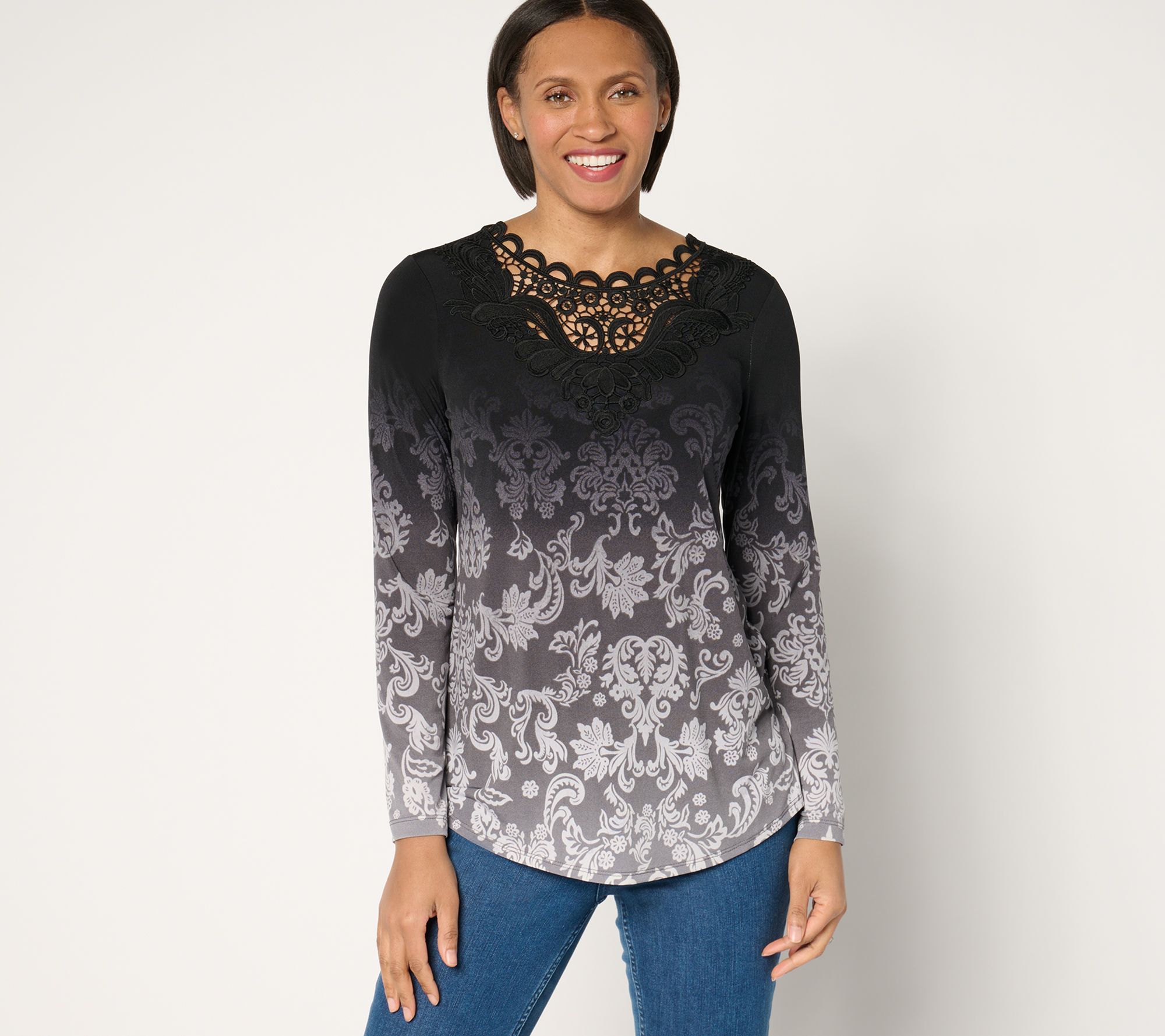 Susan Graver Petite Printed Liquid Knit Top with Lace Applique