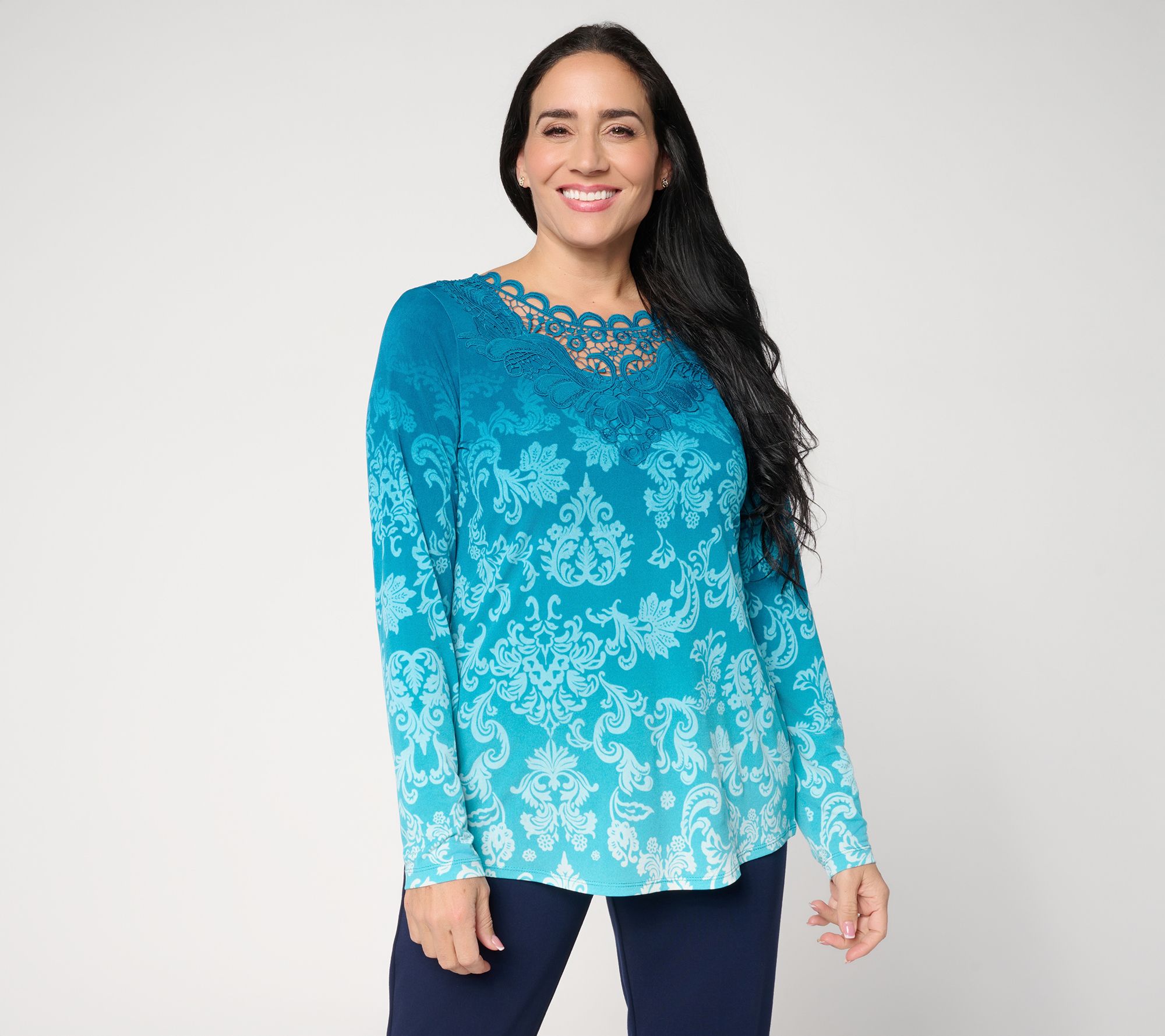 Susan Graver Petite Printed Liquid Knit Top with Lace Applique