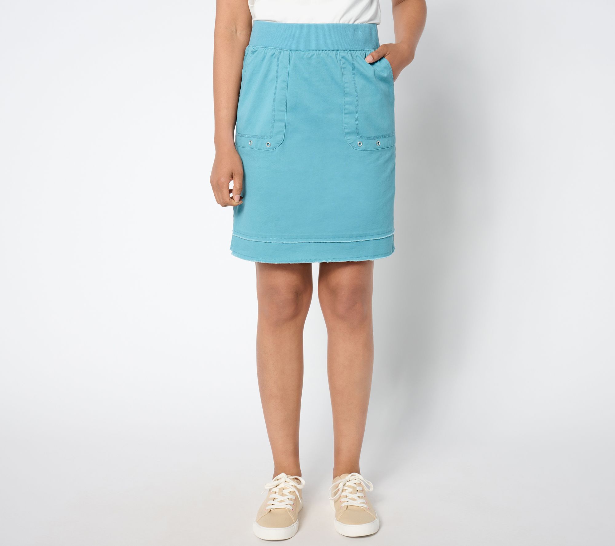 "As Is" Denim & Co. Petite EasyWear Twill Skirt with Raw Hem Detail