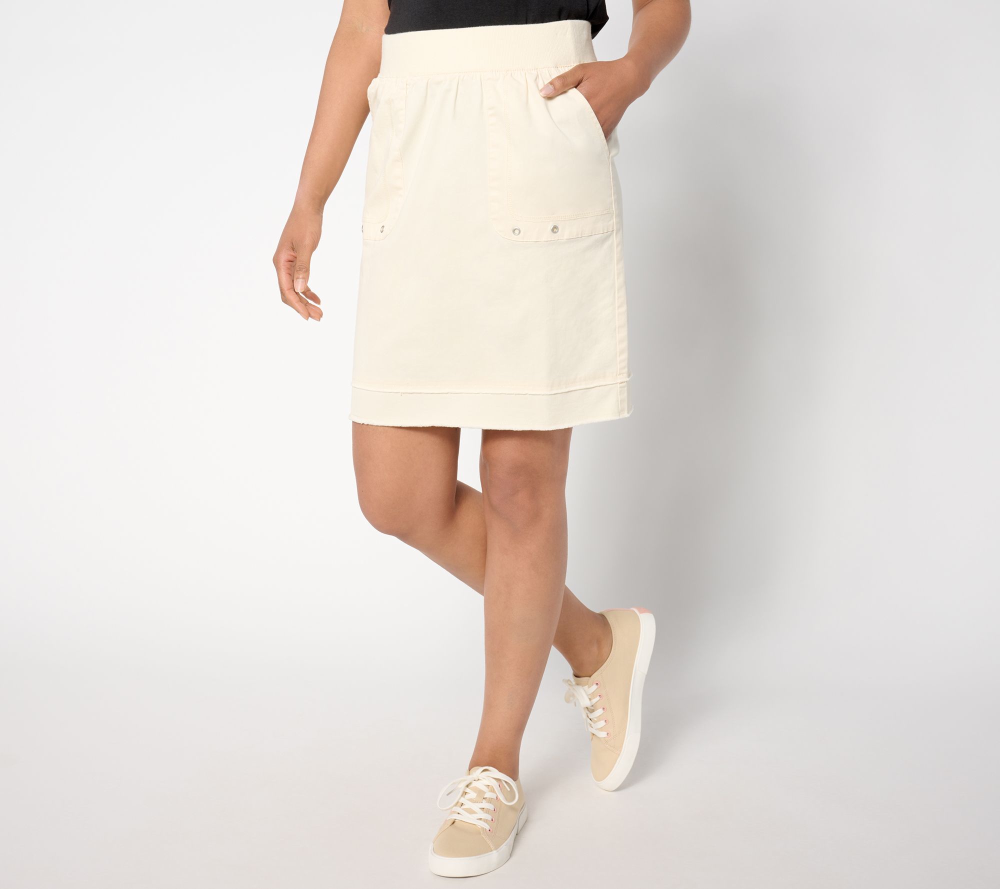"As Is" Denim & Co. Petite EasyWear Twill Skirt with Raw Hem Detail