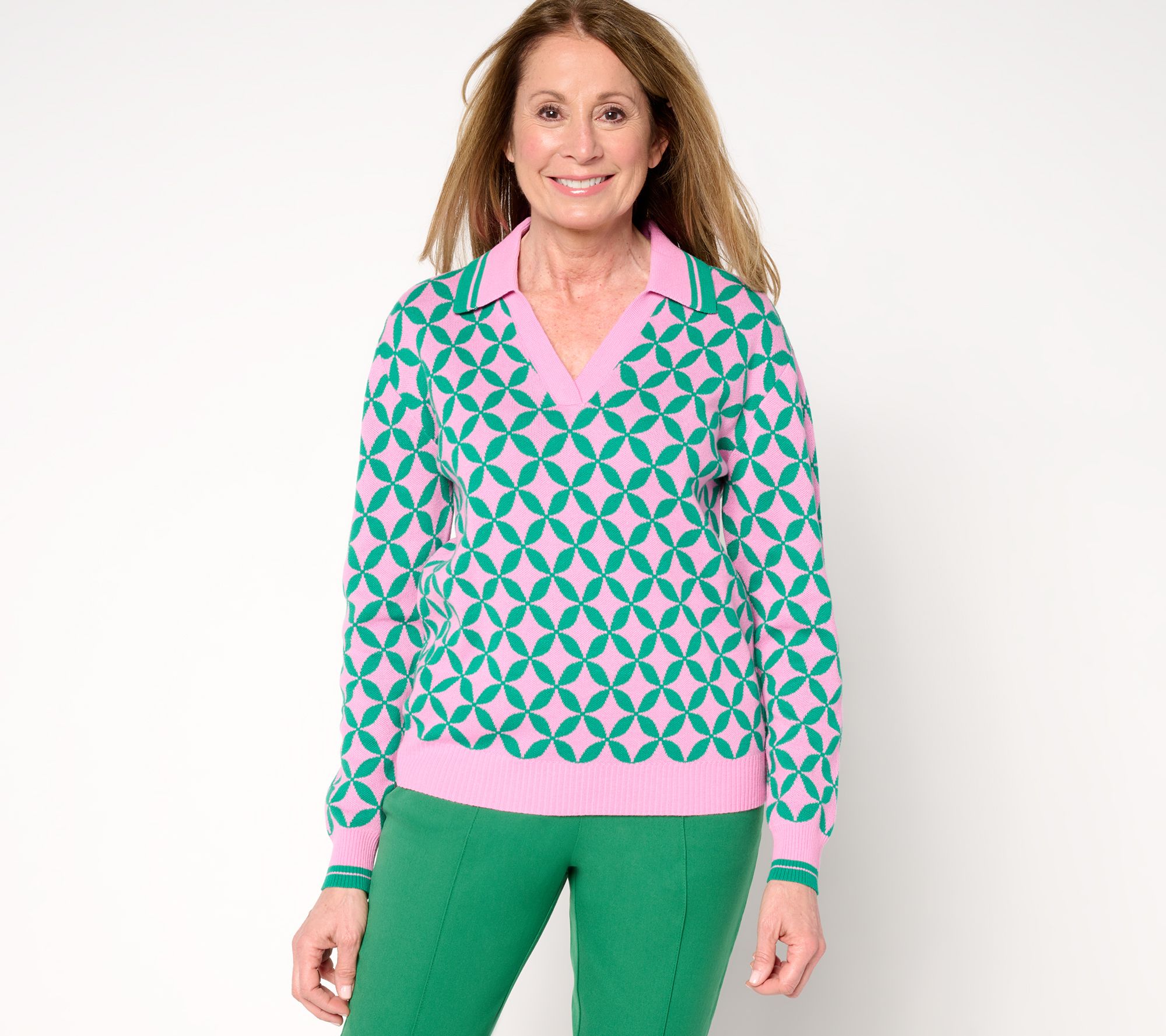 Isaac Mizrahi Live! Clubhouse Geo Print Long Sleeve Polo Sweater