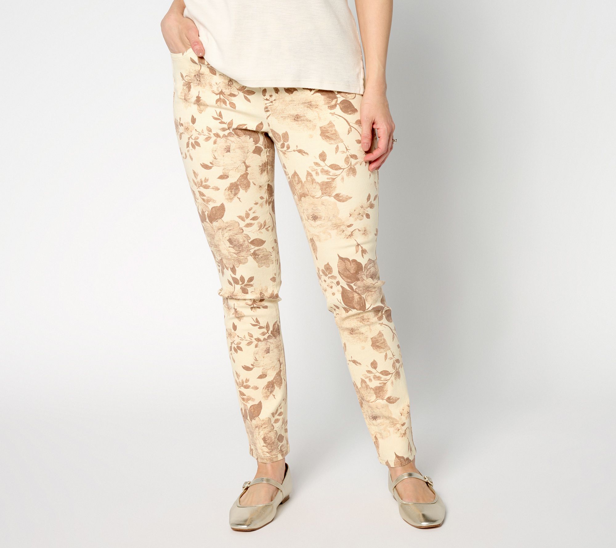 Denim & Co. Petite Printed Floral Classic Stretch Ankle Jeans