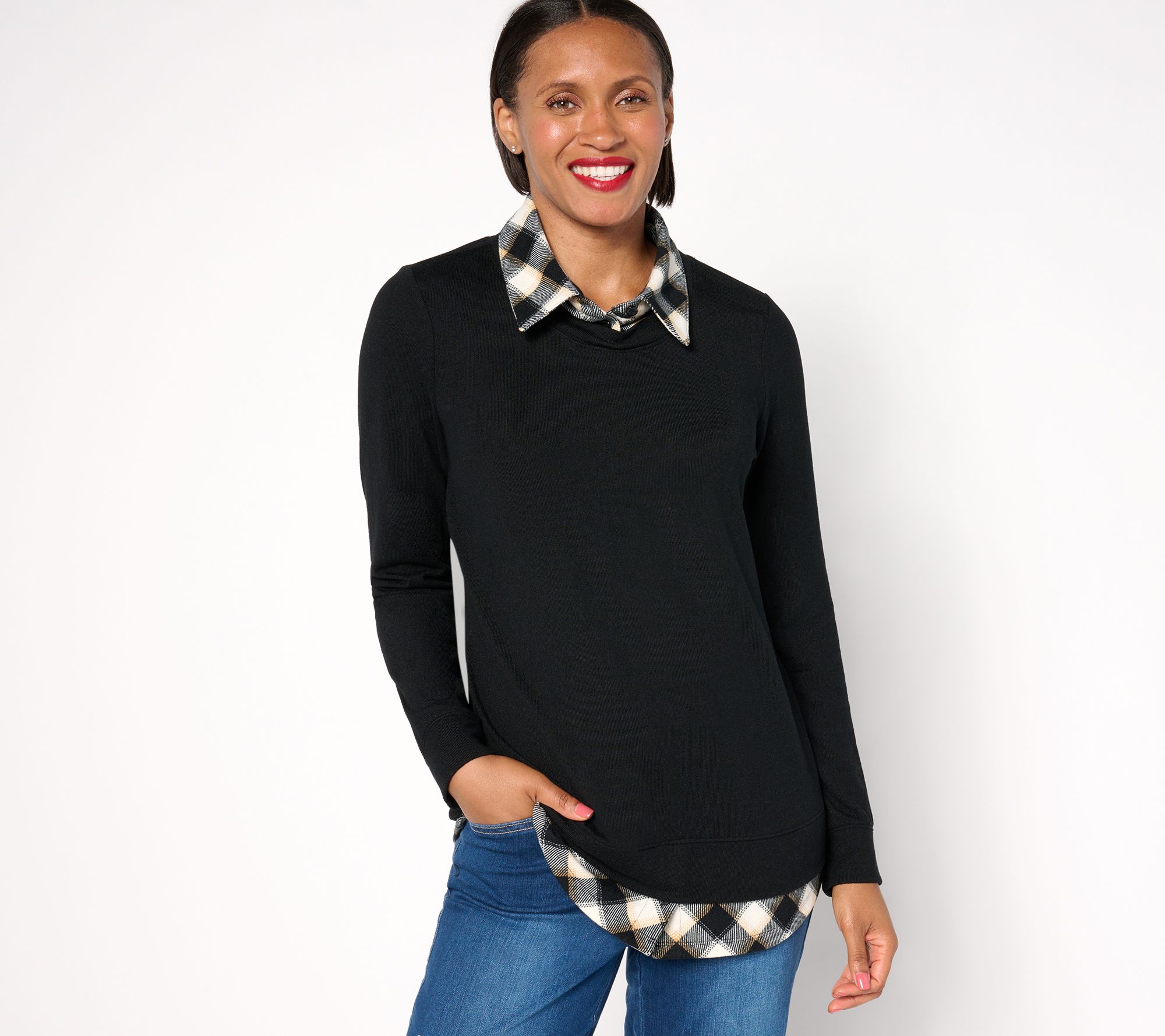 "As Is" Denim & Co. Heavenly Jersey Solid Plaid Long Sleeve 2fer Top