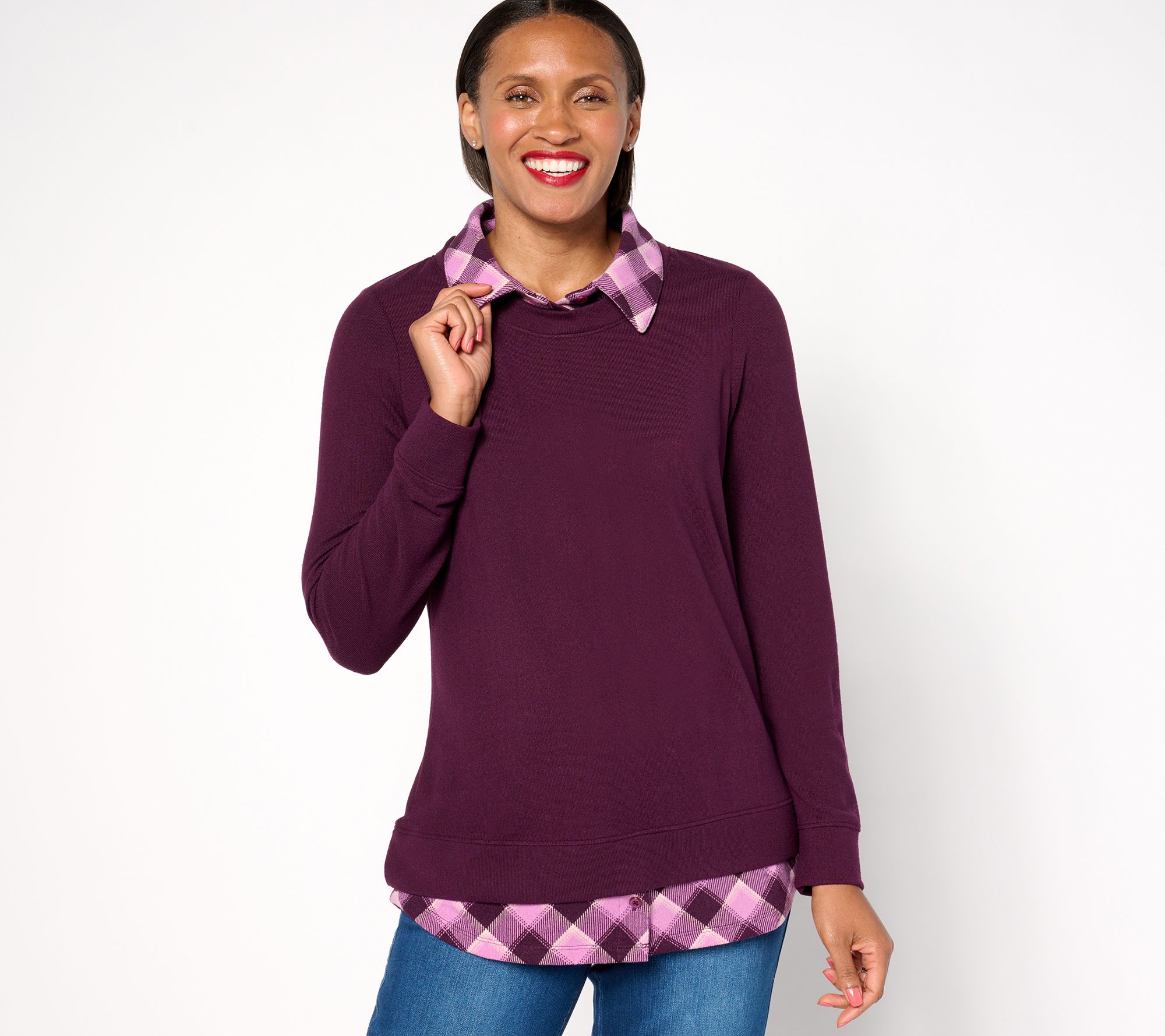 "As Is" Denim & Co. Heavenly Jersey Solid Plaid Long Sleeve 2fer Top