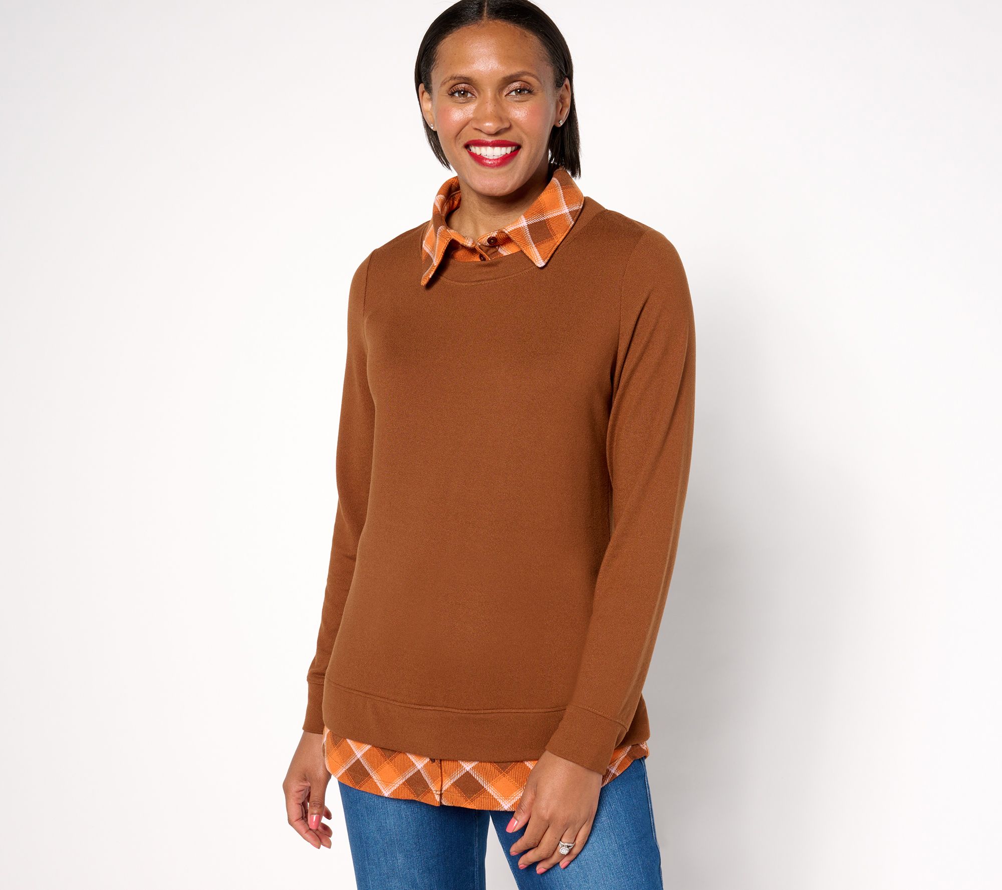 "As Is" Denim & Co. Heavenly Jersey Solid Plaid Long Sleeve 2fer Top