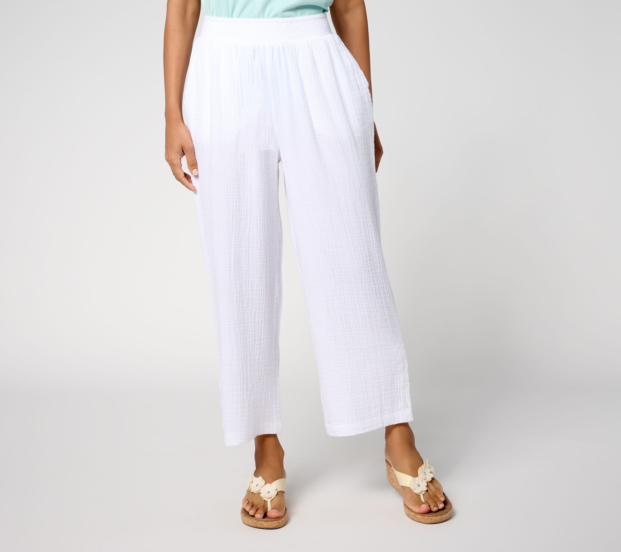 Susan Graver PURE Petite Getaway Gauze Wide Leg Crop Pants w/Buttons