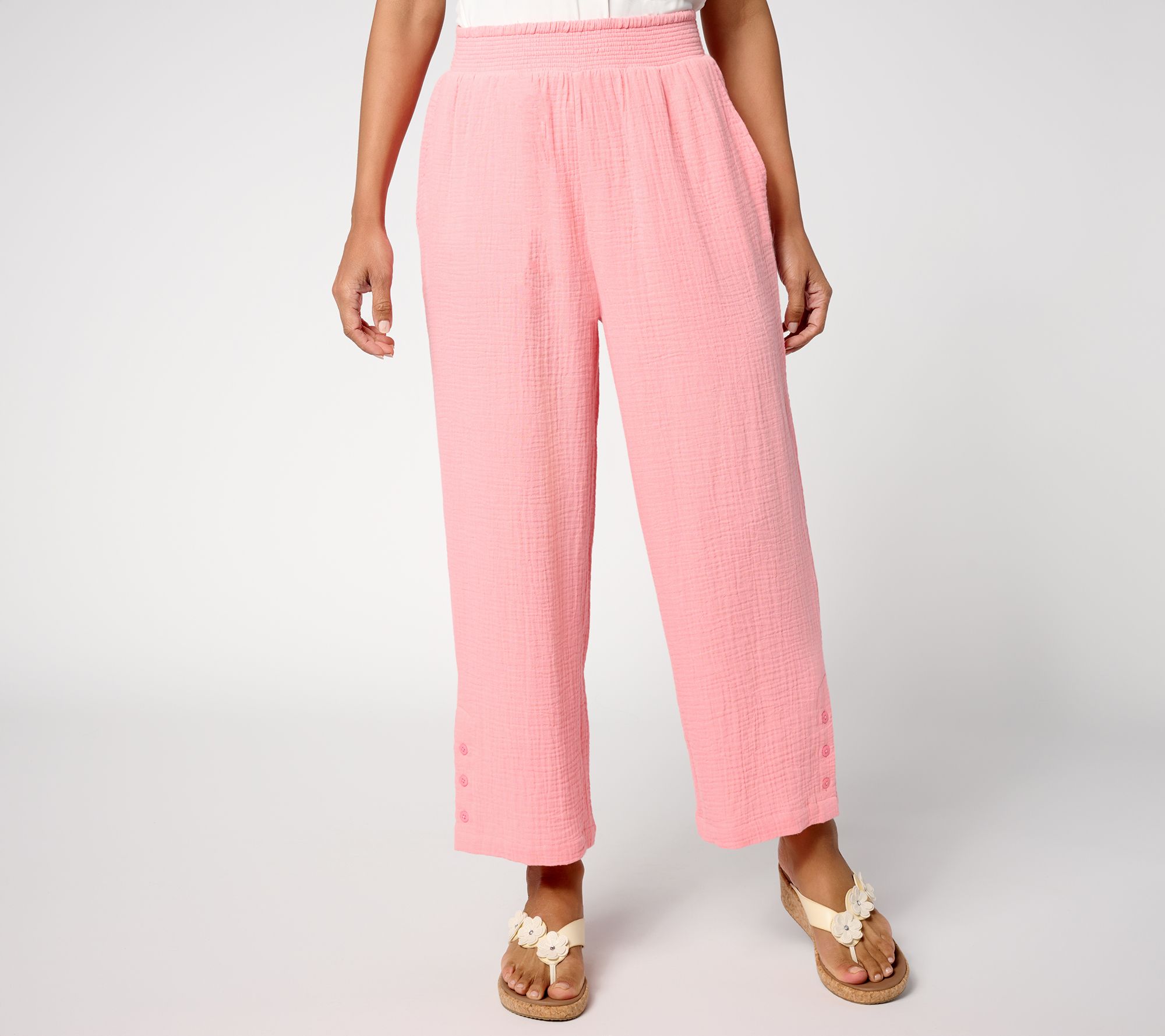 Susan Graver PURE Petite Getaway Gauze Wide Leg Crop Pants w/Buttons