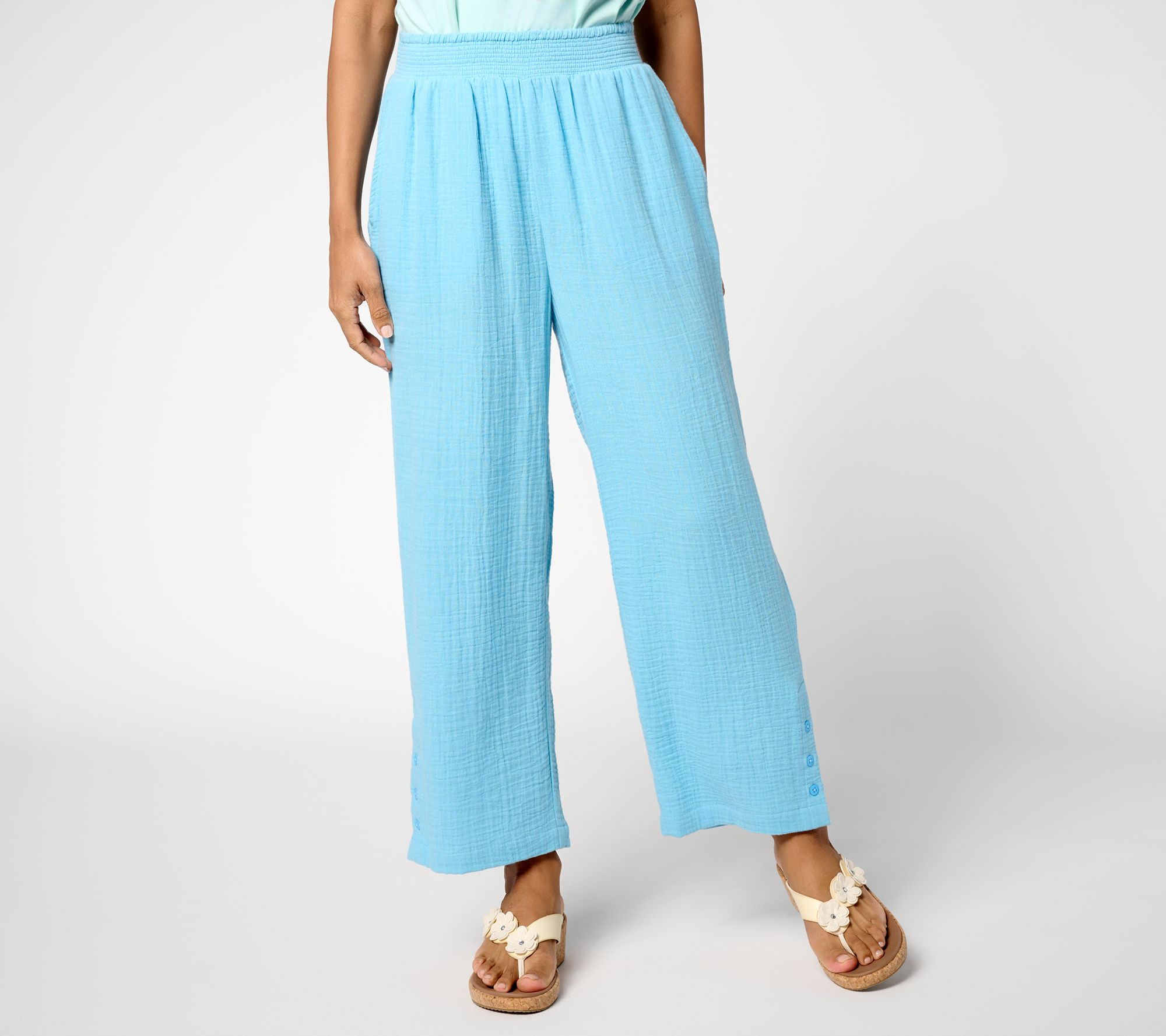 Susan Graver PURE Petite Getaway Gauze Wide Leg Crop Pants w/Buttons