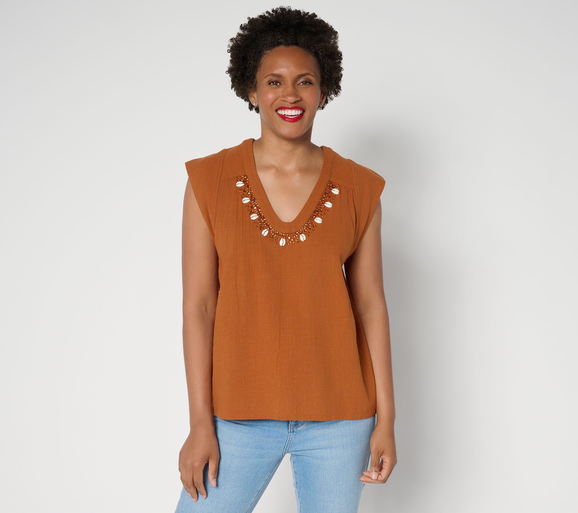 Peace Love World Textured Cotton Top with Embellished Neckline