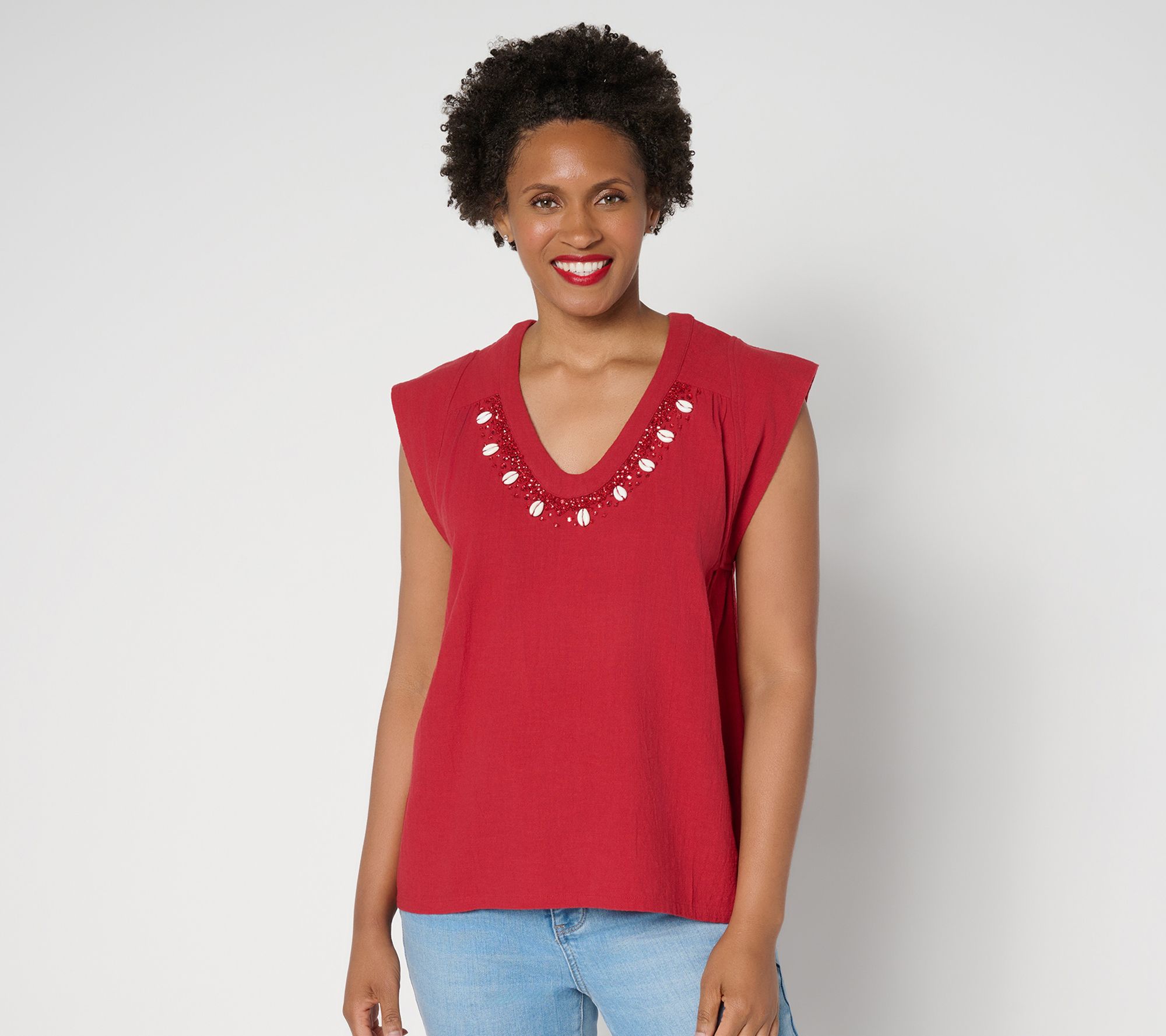 Peace Love World Textured Cotton Top with Embellished Neckline