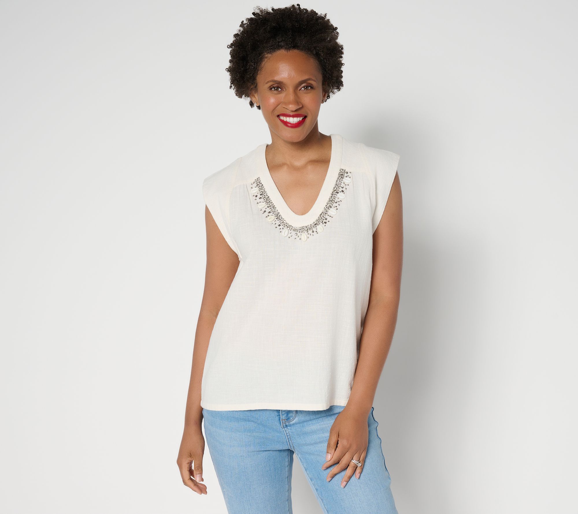 Peace Love World Textured Cotton Top with Embellished Neckline