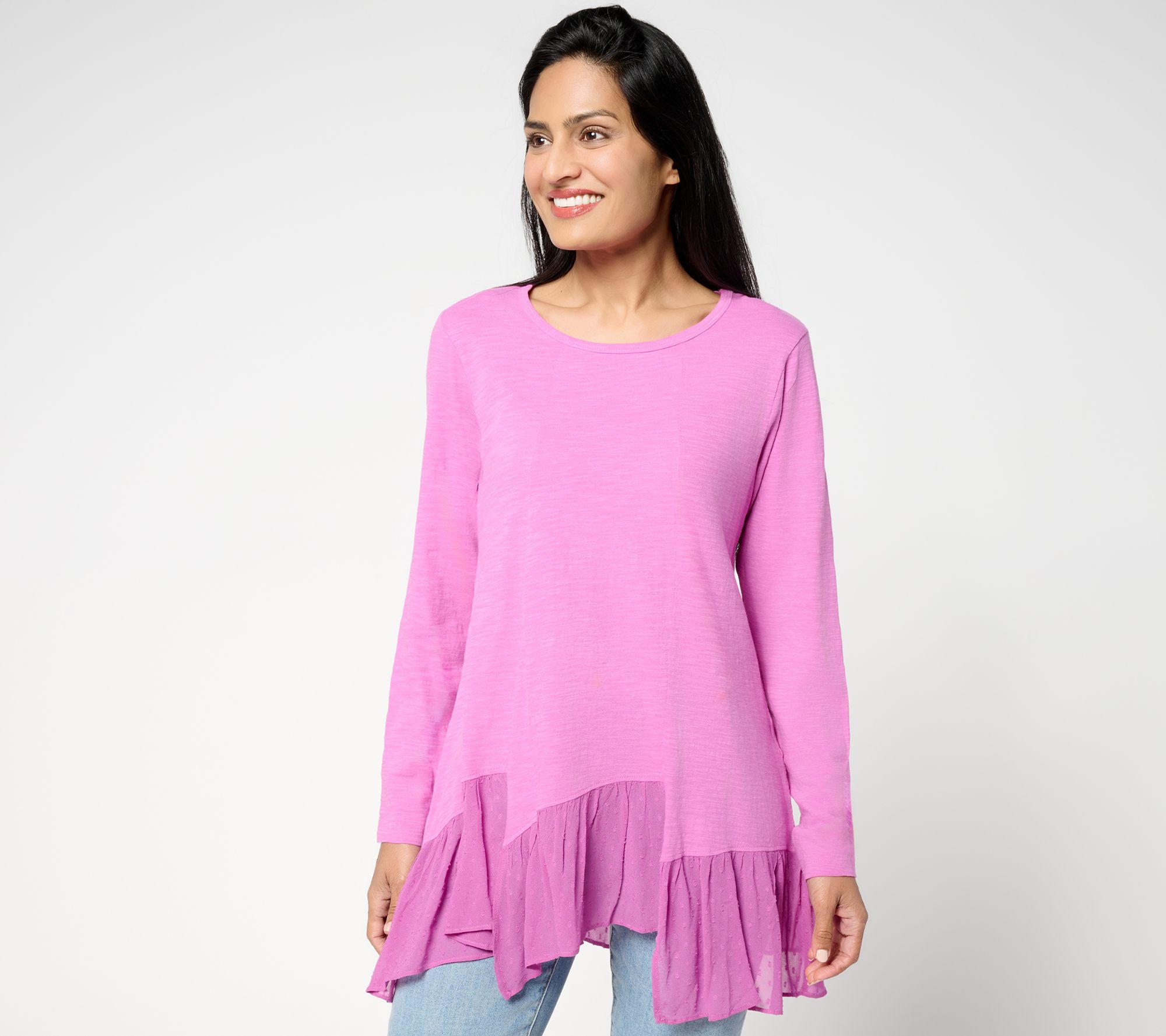 LOGO by Lori Goldstein 100% Cotton Top with Woven Step Hem
