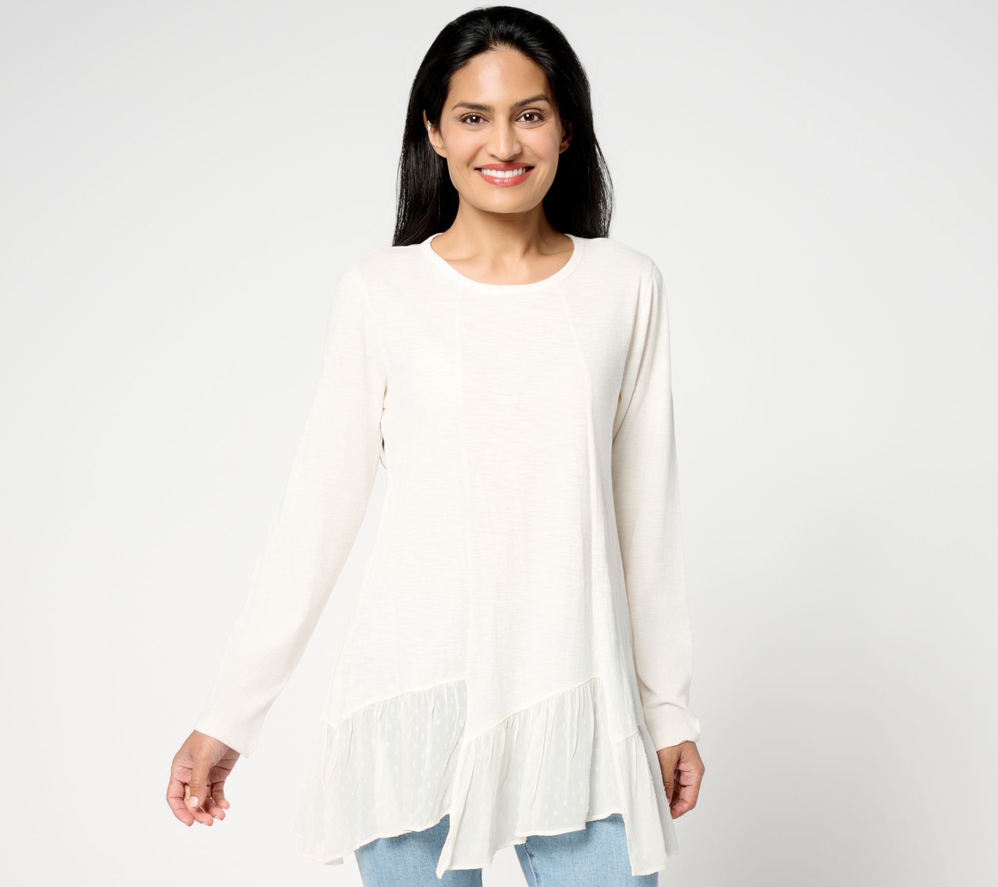 LOGO by Lori Goldstein 100% Cotton Top with Woven Step Hem