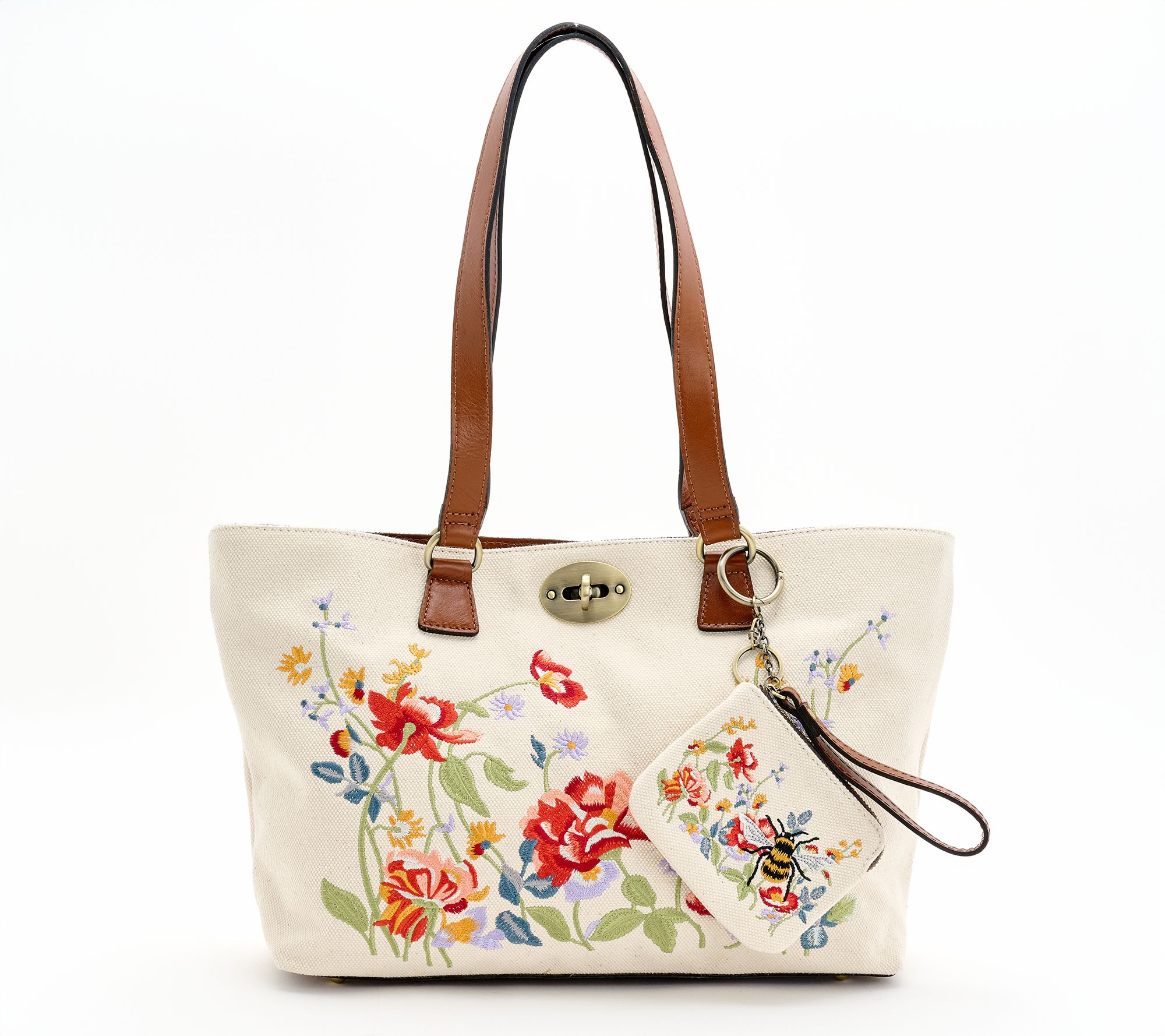 Patricia Nash Aegean Blooms Embroidery Nera Tote with Pouch Hangoff