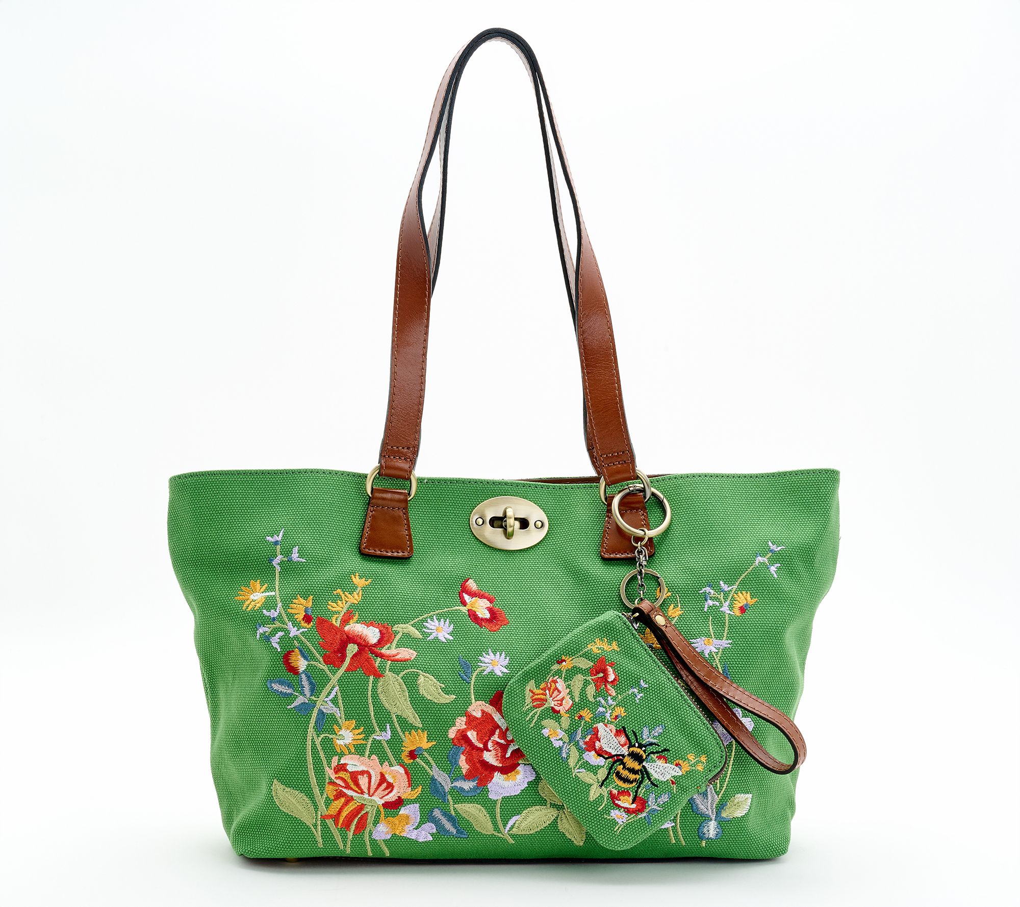 Patricia Nash Aegean Blooms Embroidery Nera Tote with Pouch Hangoff