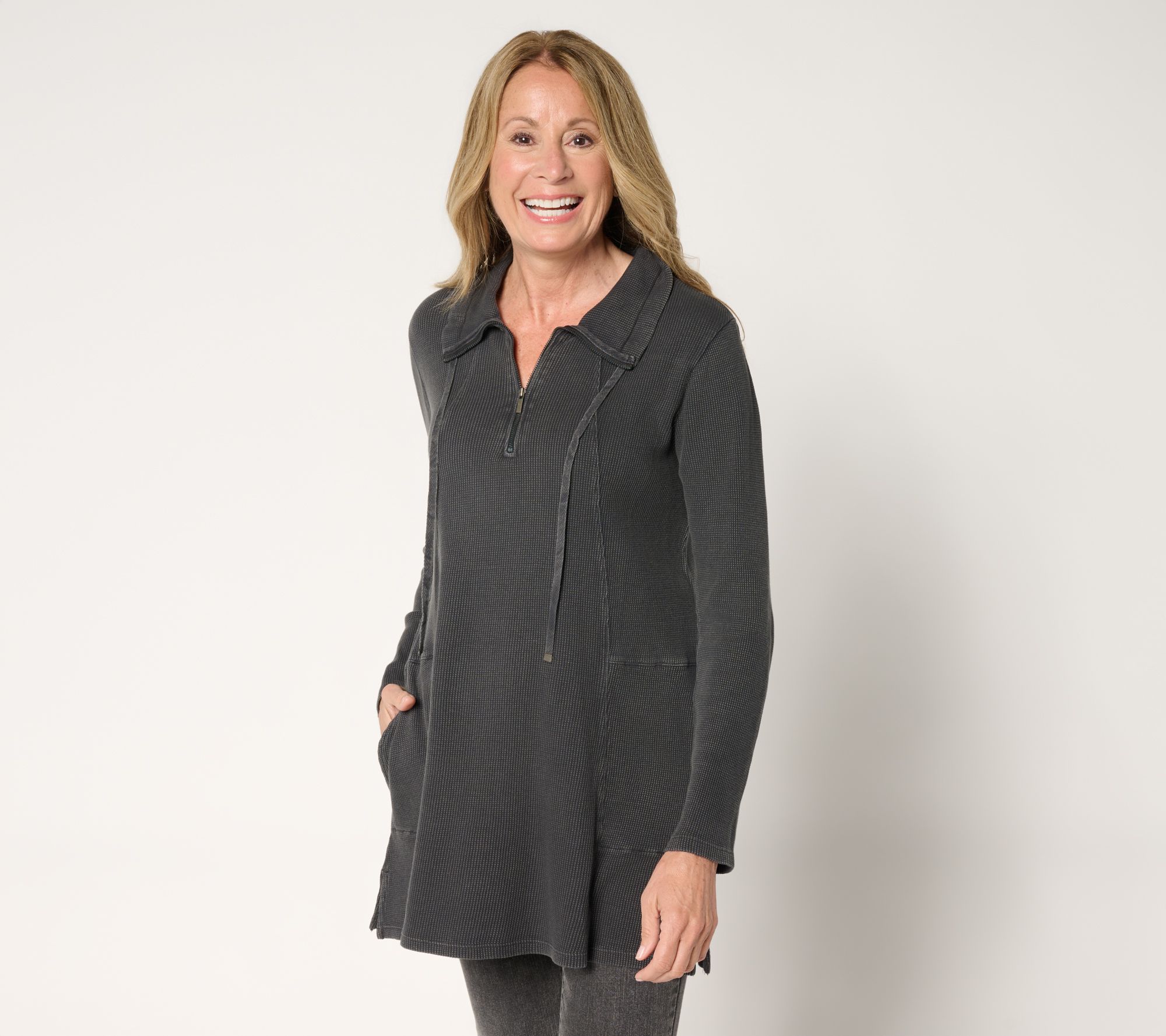 LOGO by Lori Goldstein Petite Cotton 1/4 Zip Waffle Top