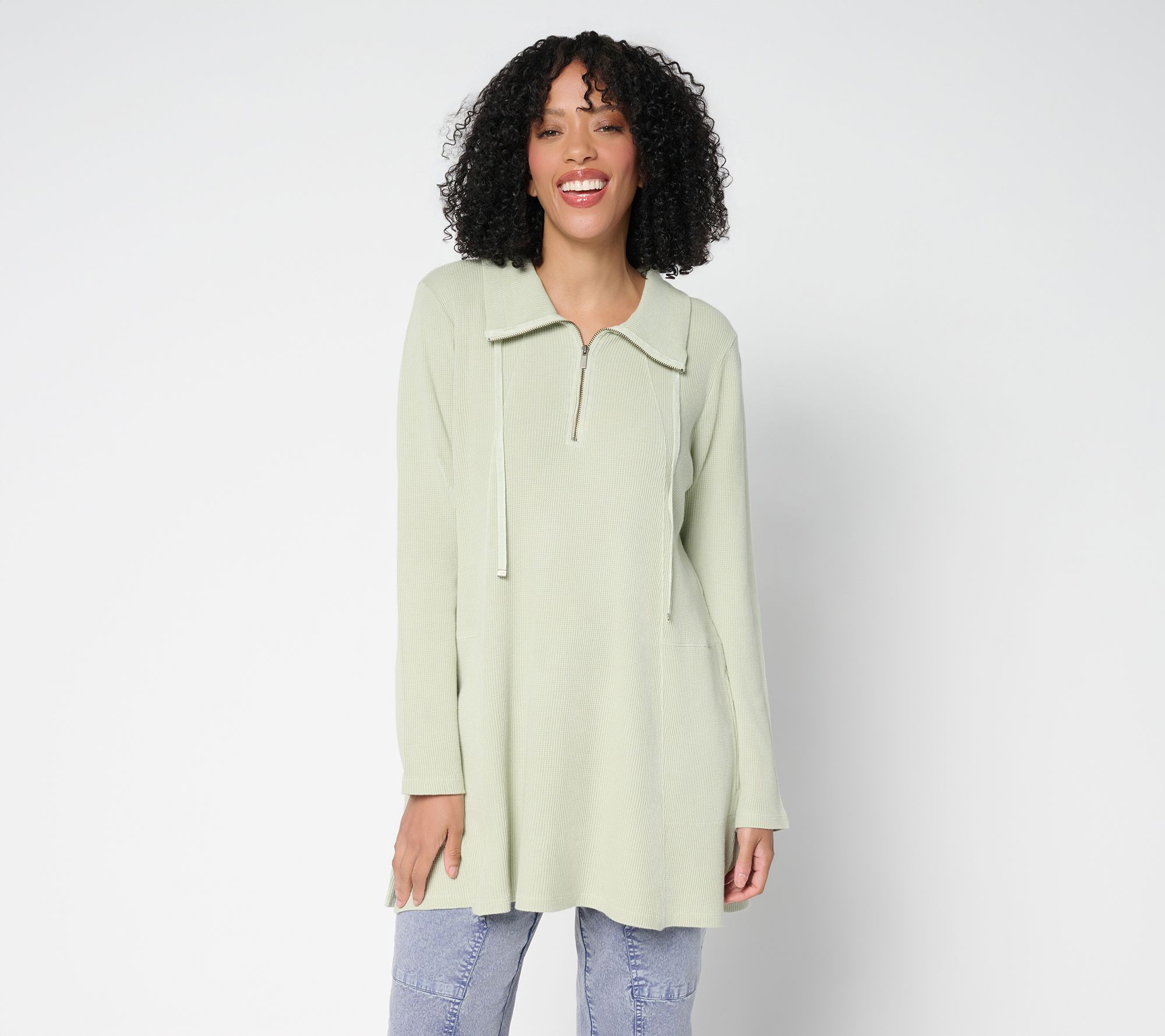 LOGO by Lori Goldstein Petite Cotton 1/4 Zip Waffle Top