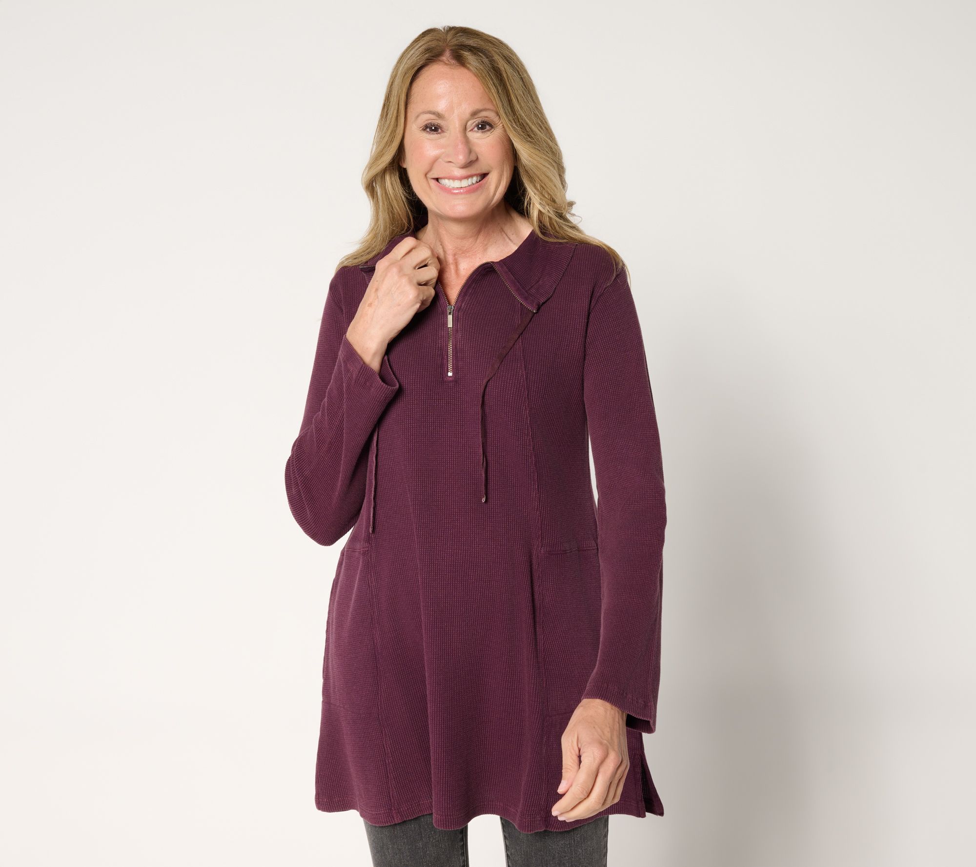 LOGO by Lori Goldstein Petite Cotton 1/4 Zip Waffle Top