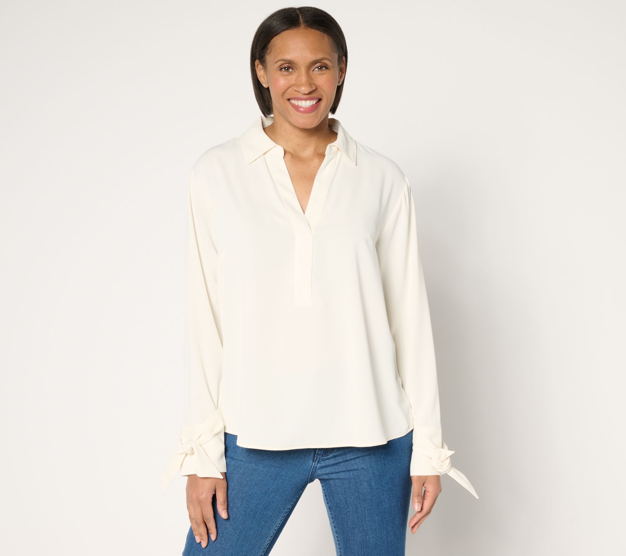 "As Is" Peace Love World Y-Neck Pullover Blouse with Bow Sleeve Detail