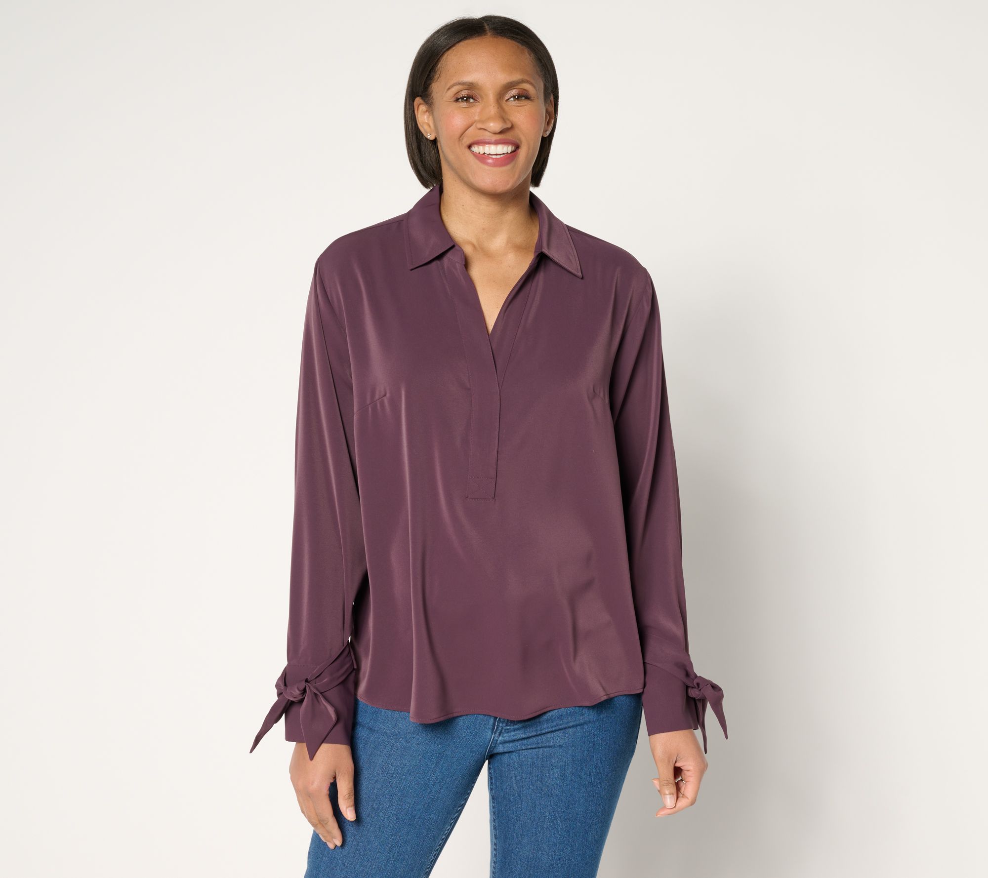 "As Is" Peace Love World Y-Neck Pullover Blouse with Bow Sleeve Detail