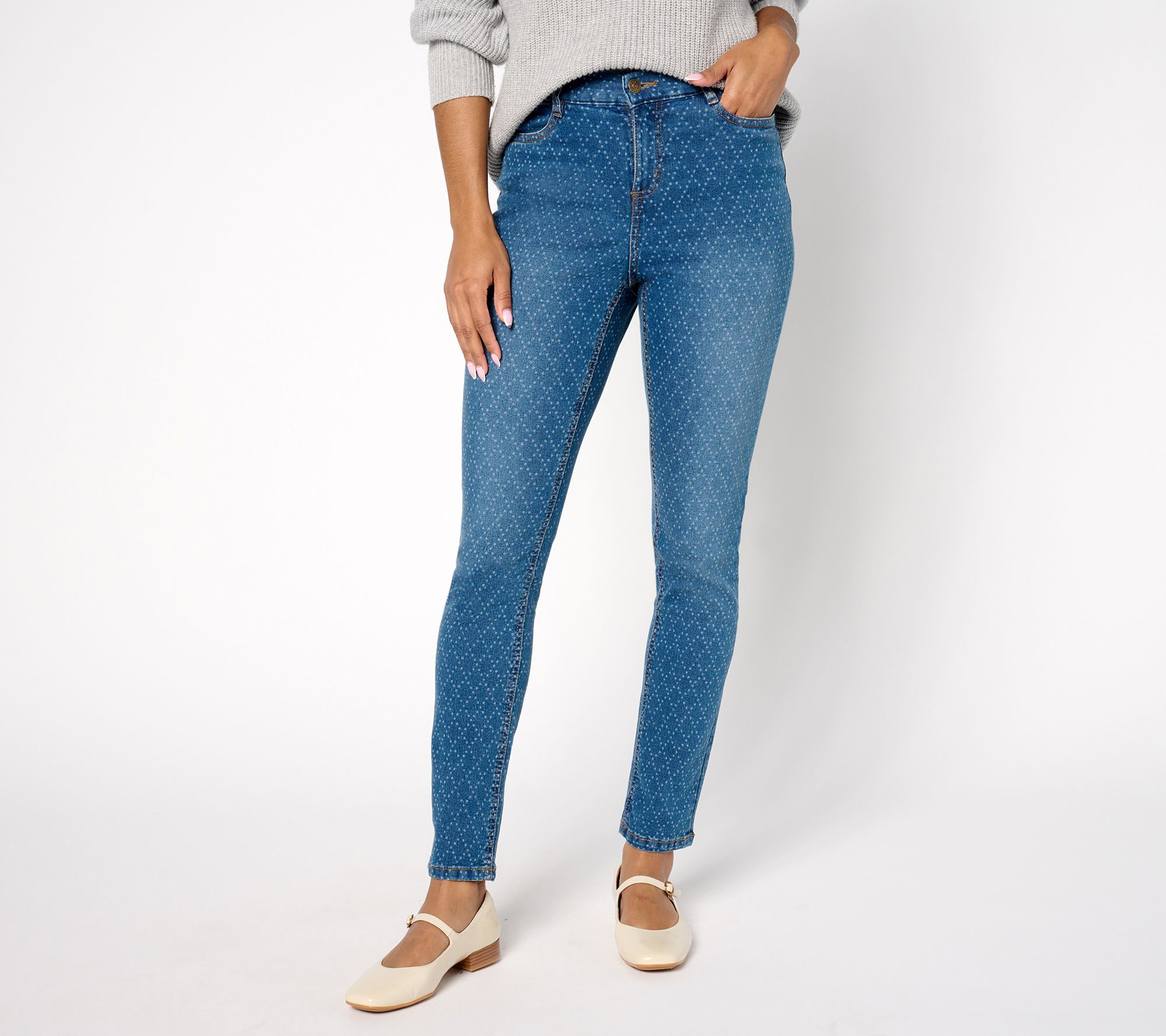 "As Is" Denim & Co. Petite Classic Denim Slim Straight Printed Jean