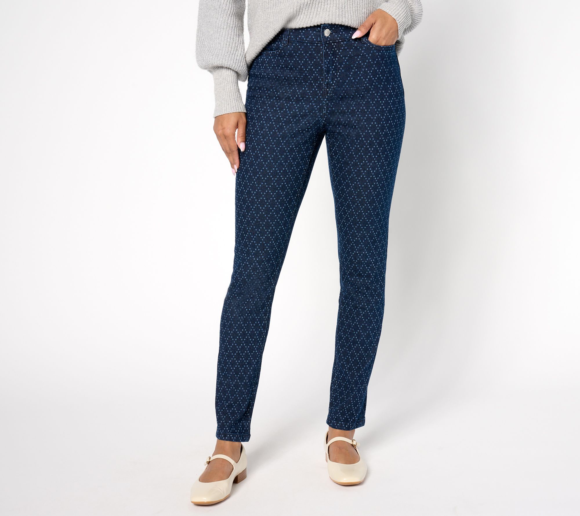 "As Is" Denim & Co. Petite Classic Denim Slim Straight Printed Jean