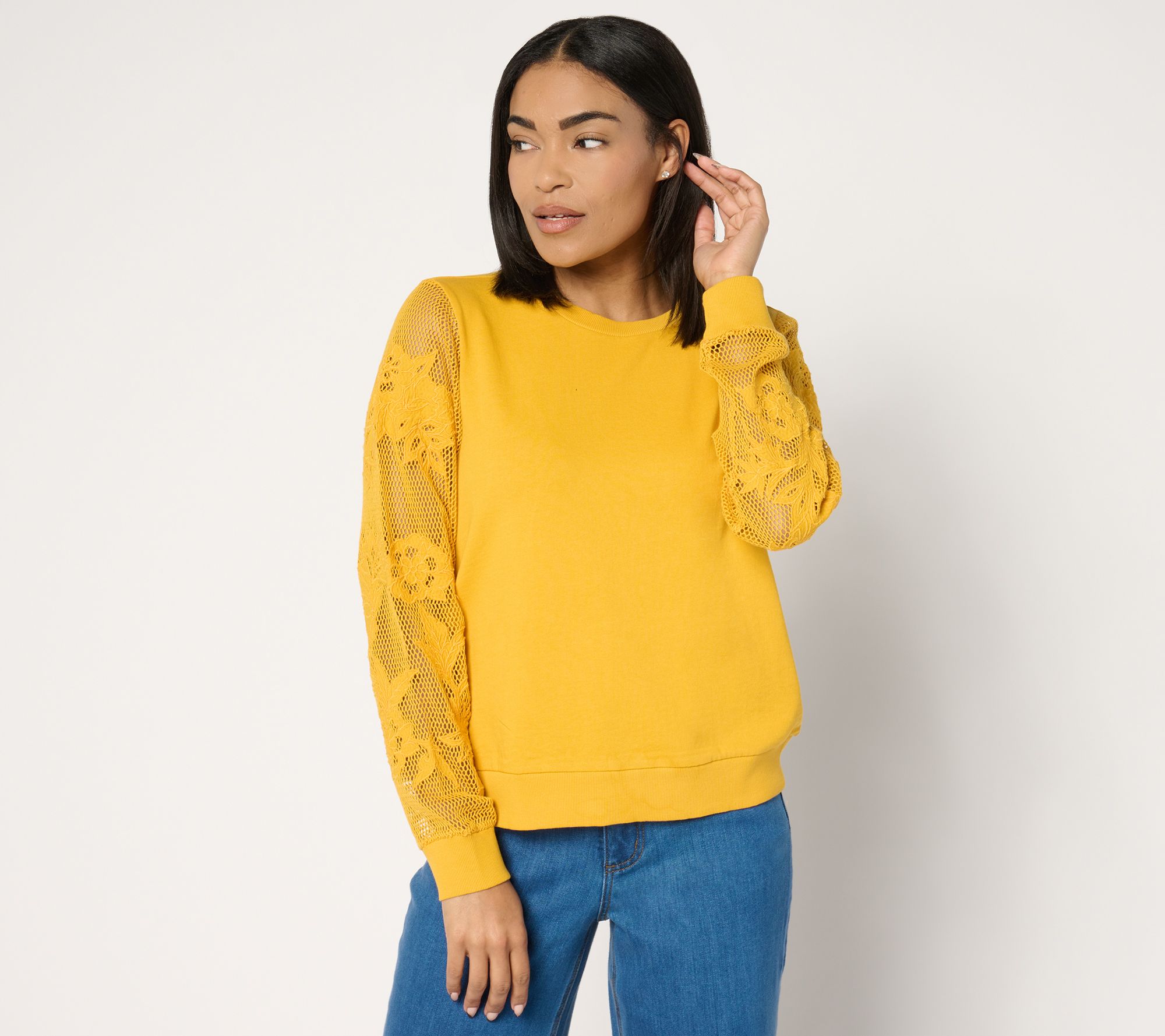 As Is Peace Love World Embroidered Mesh French Terry Top