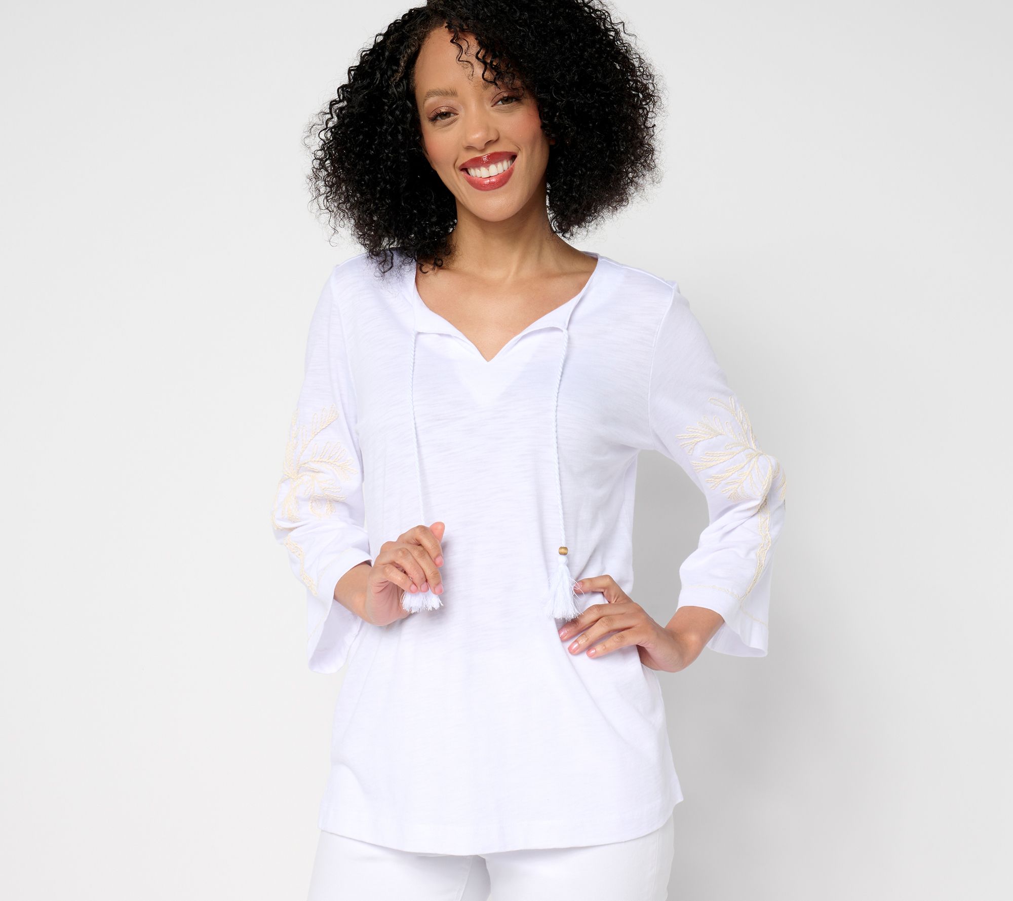 "As Is" Belle Beach by Kim Gravel Slub Knit Sandy Palm Embroidered Top