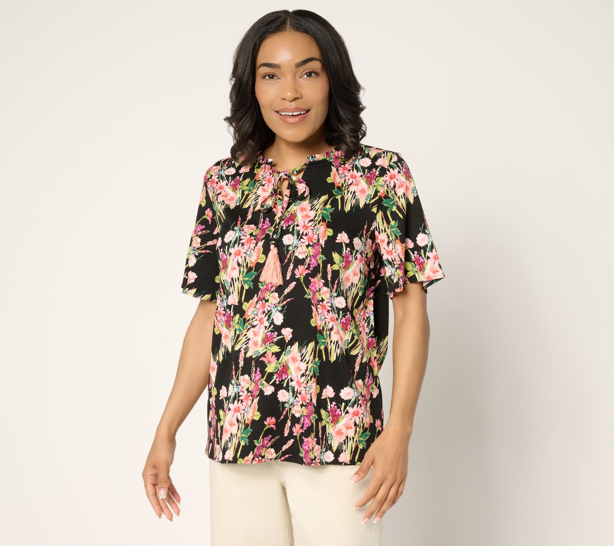 "As Is" Denim & Co. Short Sleeve Printed Blouse with Tassels