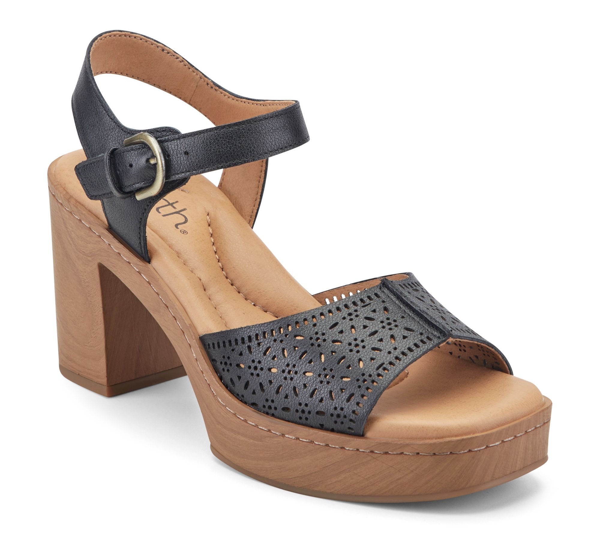 Earth Leather Heeled Sandals with Perforated Details-Quinty