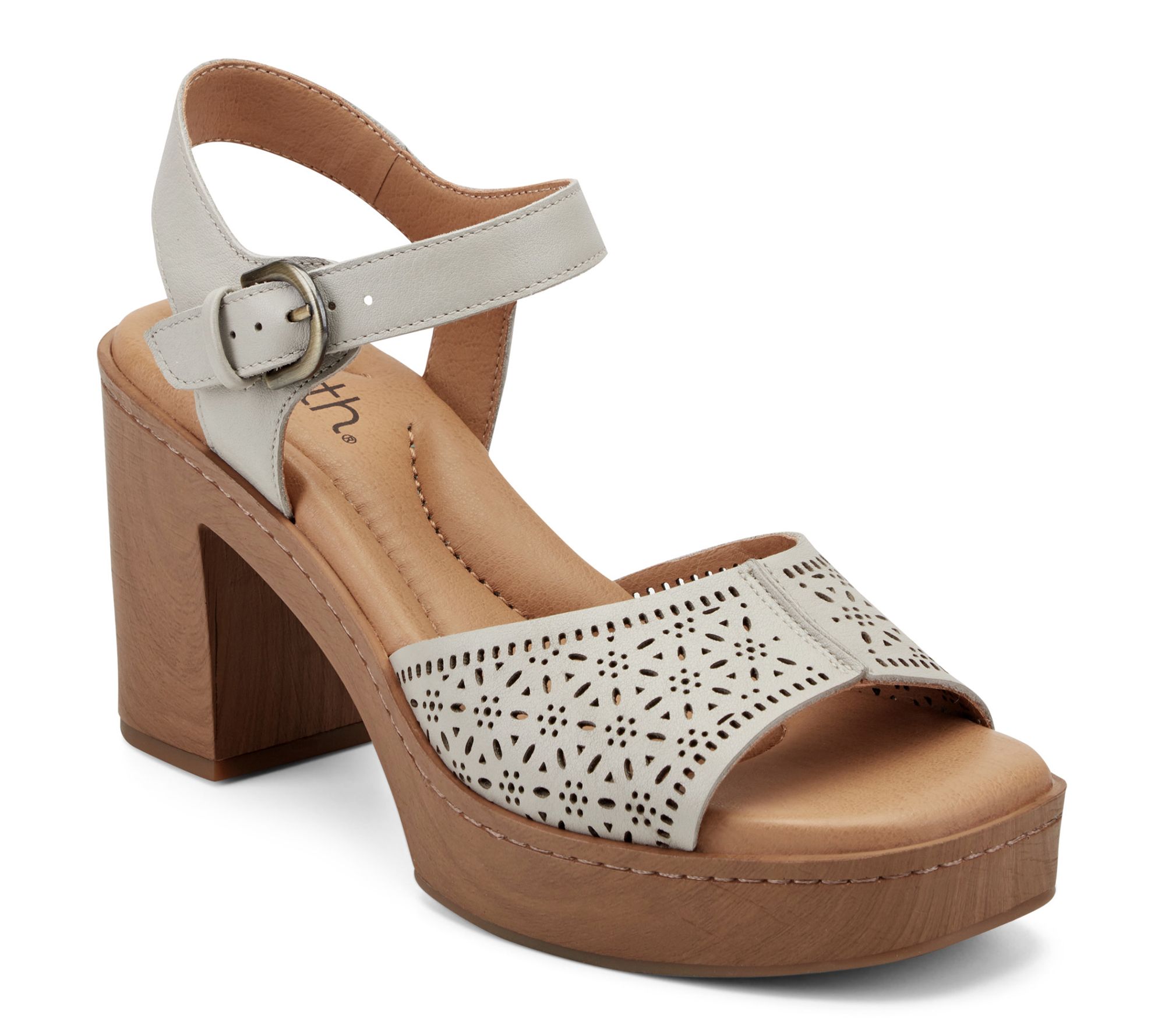 Earth Leather Heeled Sandals with Perforated Details-Quinty