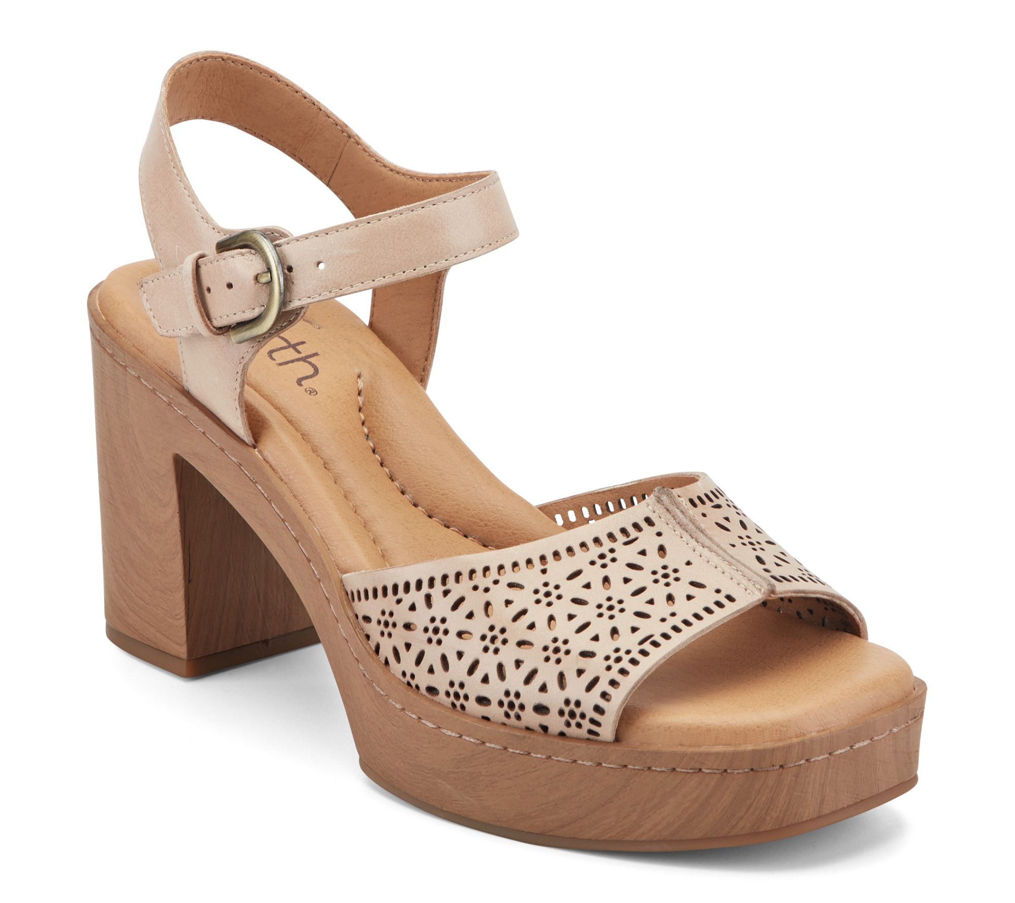 Earth Leather Heeled Sandals with Perforated Details-Quinty