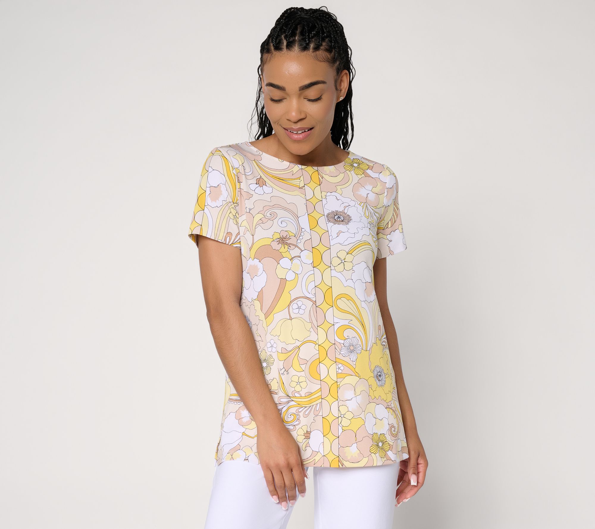 Susan Graver Petite Printed Liquid Knit Short Sleeve Tunic