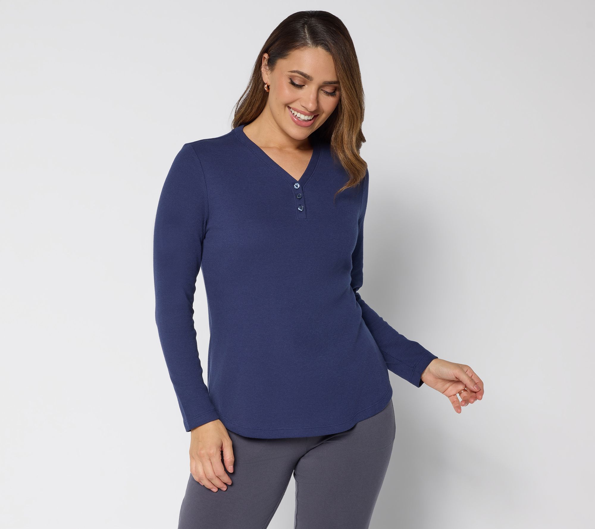 "As Is" Denim & Co. Essentials Waffle Knit Y-Neck Henley Top