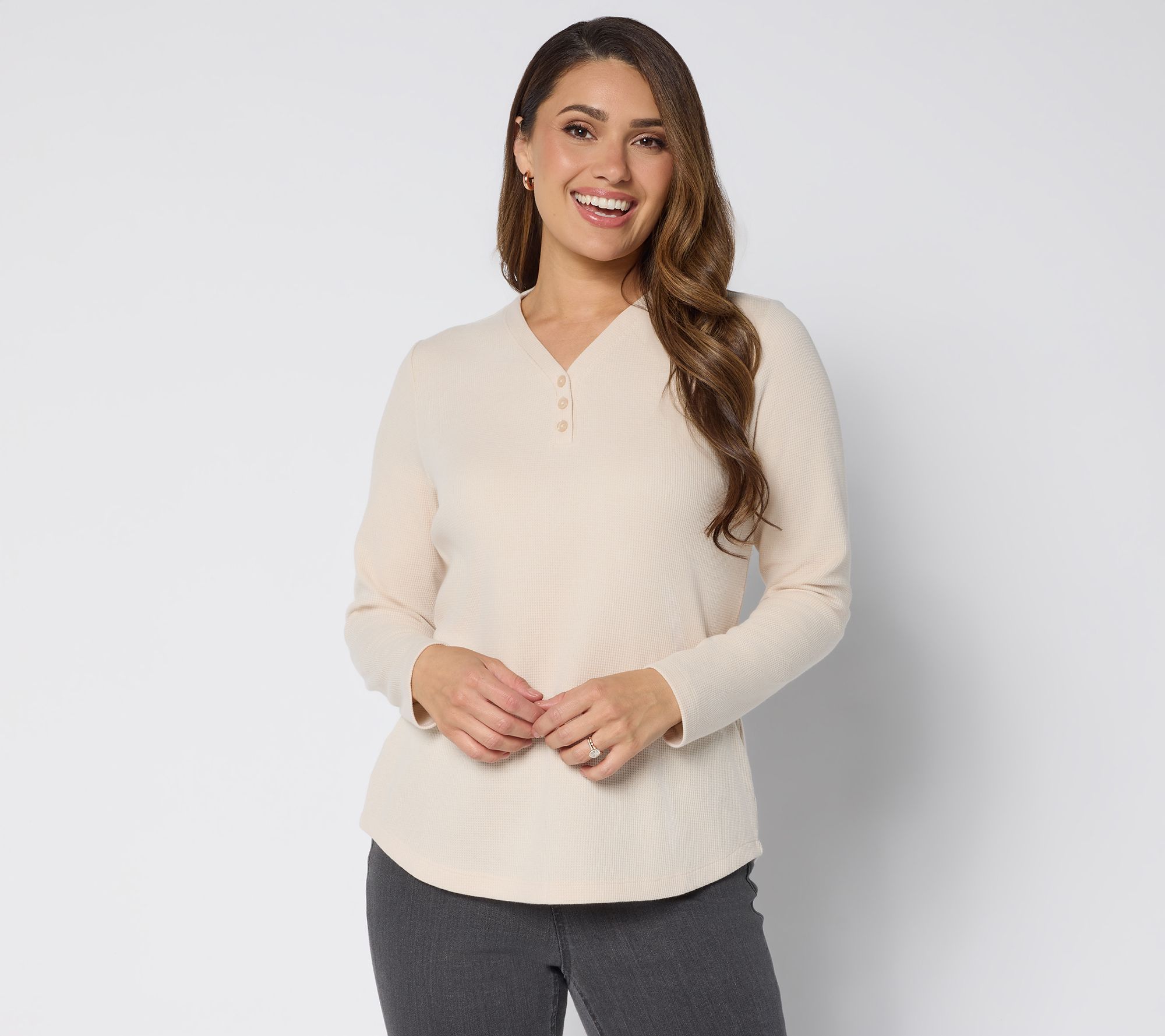 "As Is" Denim & Co. Essentials Waffle Knit Y-Neck Henley Top