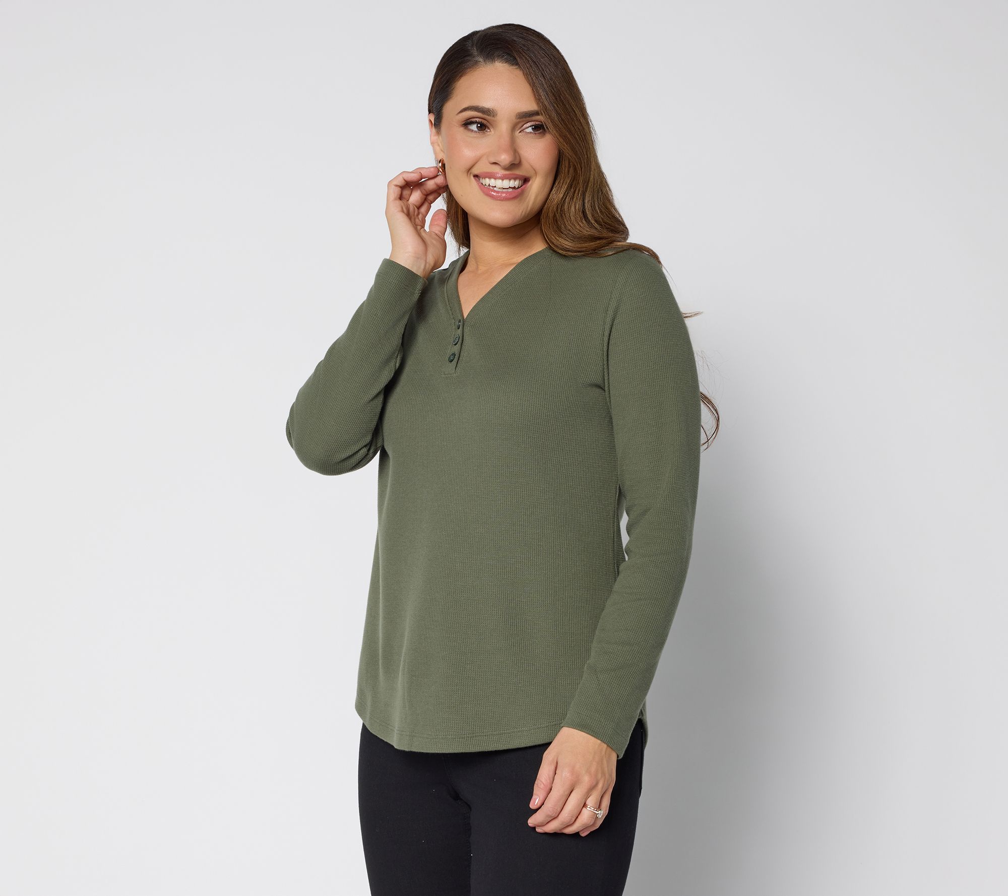 "As Is" Denim & Co. Essentials Waffle Knit Y-Neck Henley Top