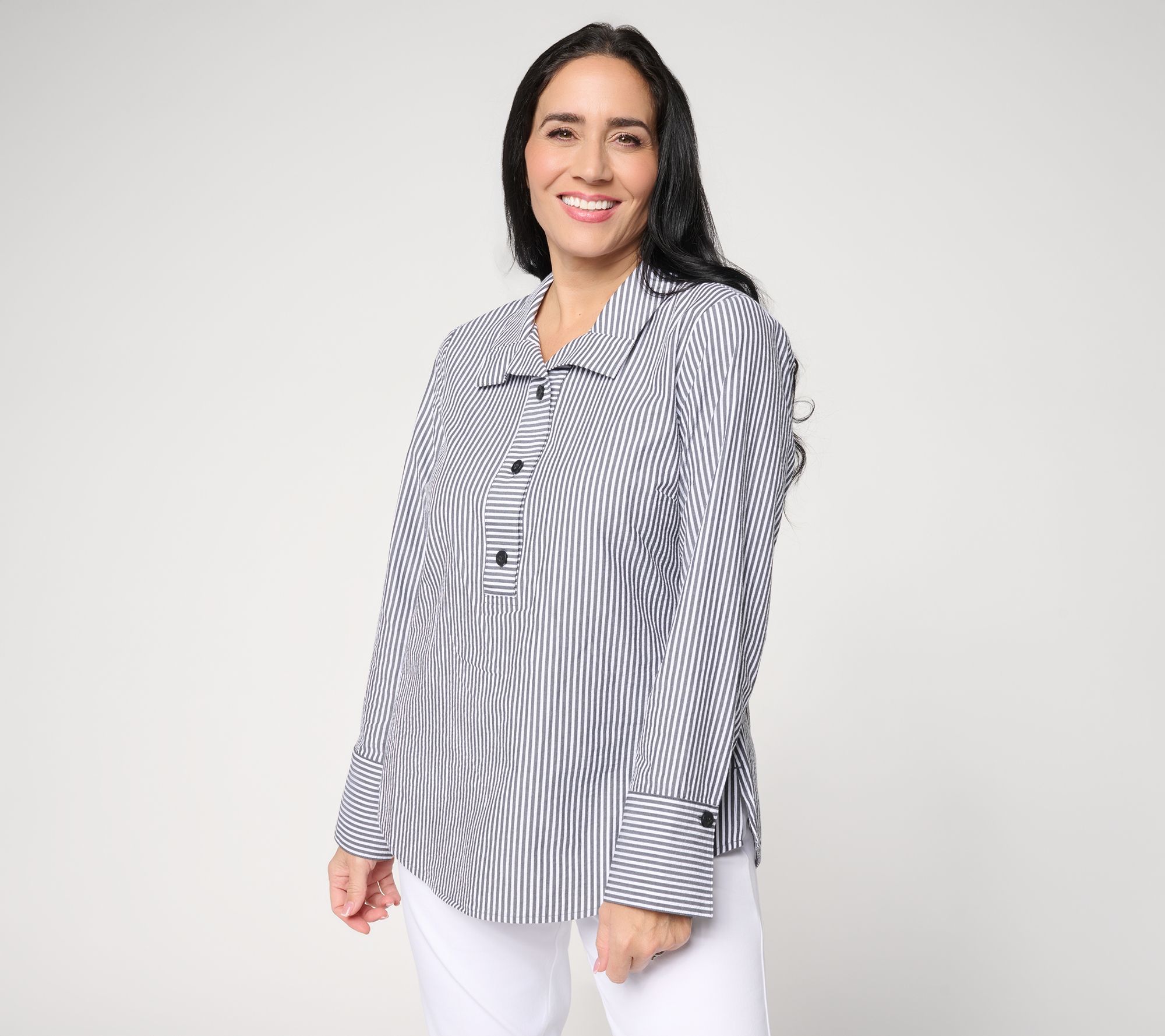 "As Is" Joan Rivers Seersucker Striped Tunic Shirt