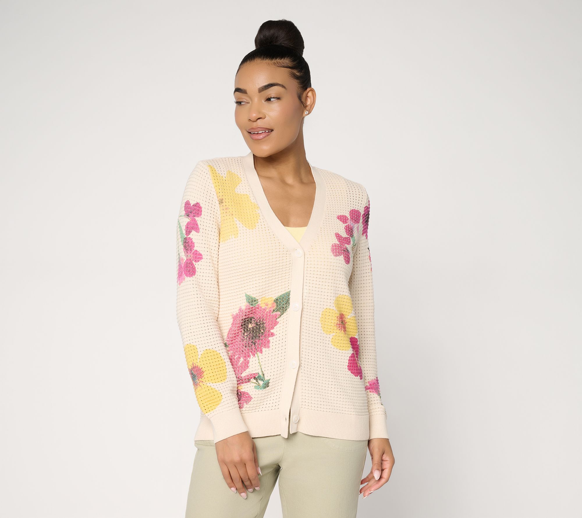 "As Is" Susan Graver Printed Wild Flower Sweater Cardigan